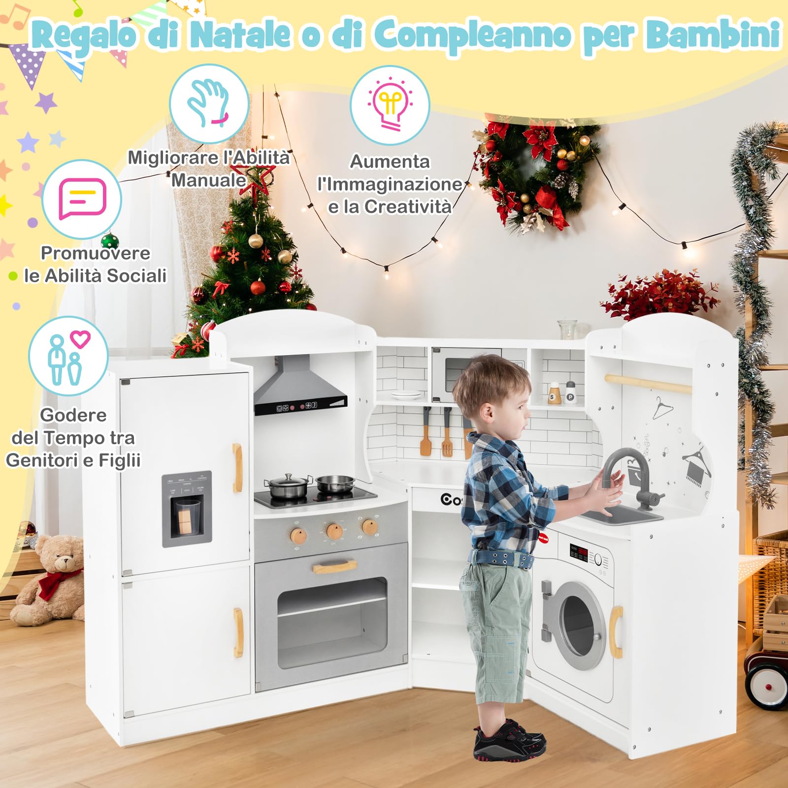 COSTWAY Set Gioco da Cucina per Bambini d'Angolo, Cucina Giocattolo in Legno con Macchina di Ghiaccio, Microonde, Lavatrice e Accessori, con Suoni e Luci, per Bambini 3-10 Anni (Bianco)