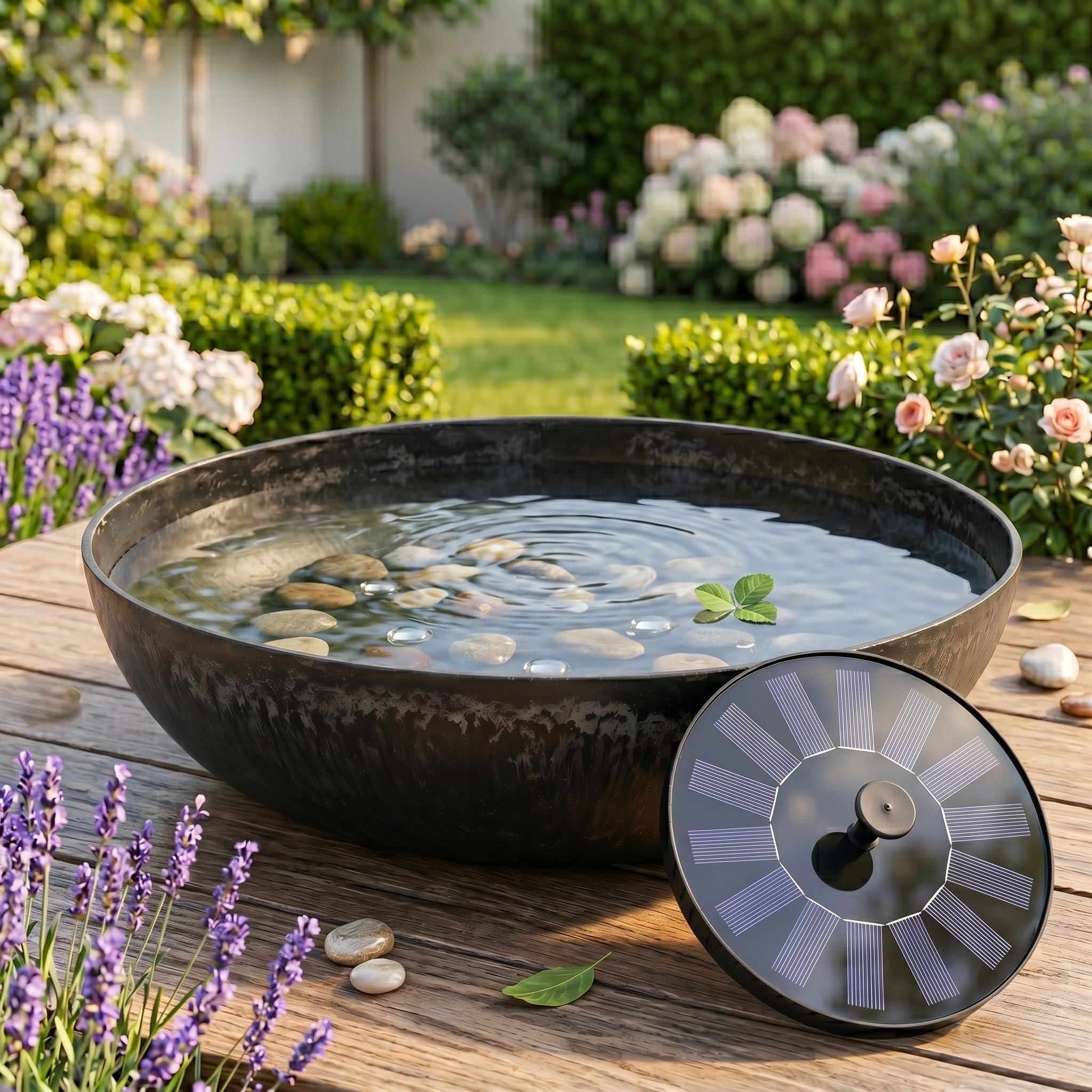 Juego de fuentes solares para exteriores, 45 cm, carcasa antracita, fuente solar flotante y cuenco decorativo vintage como fuente de jardín al aire libre, decoración de jardín, balcón, juego de agua