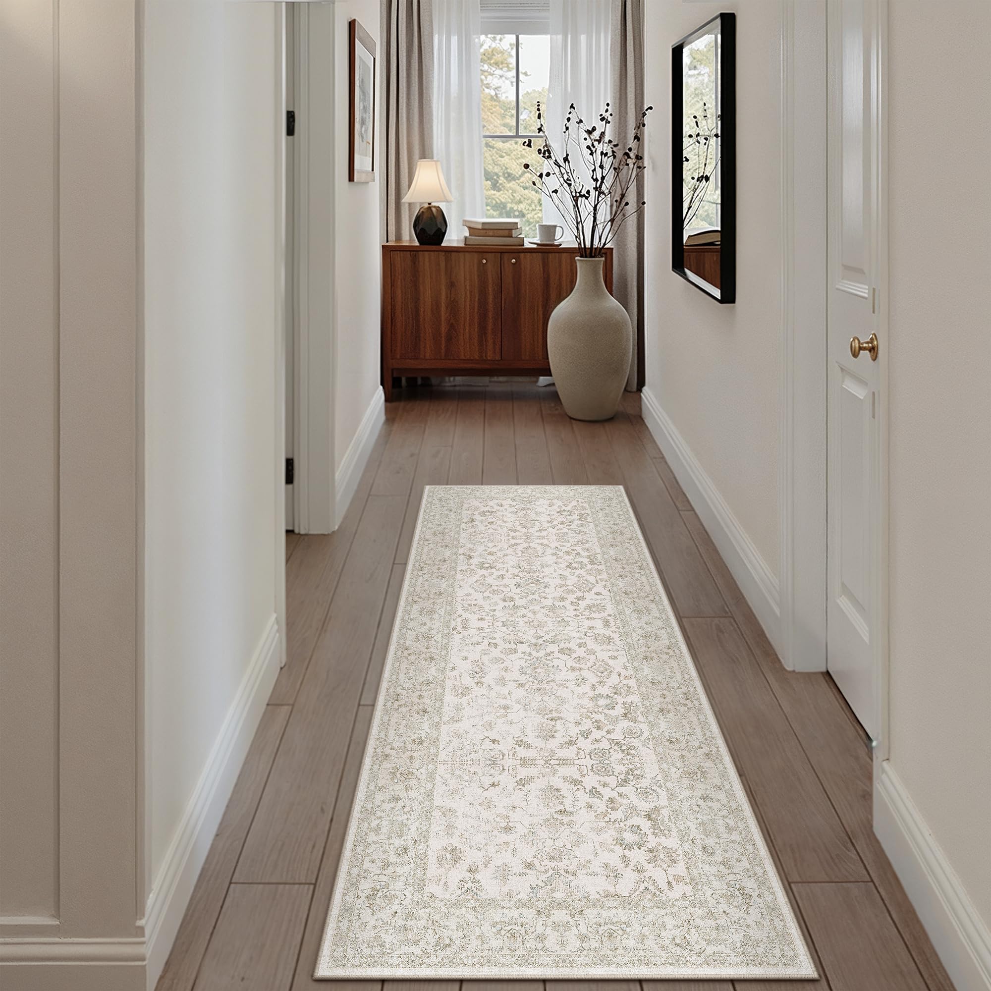 PureCozy 2x6 Beige White Runner Rug Washable Hallway Non Slip Kitchen