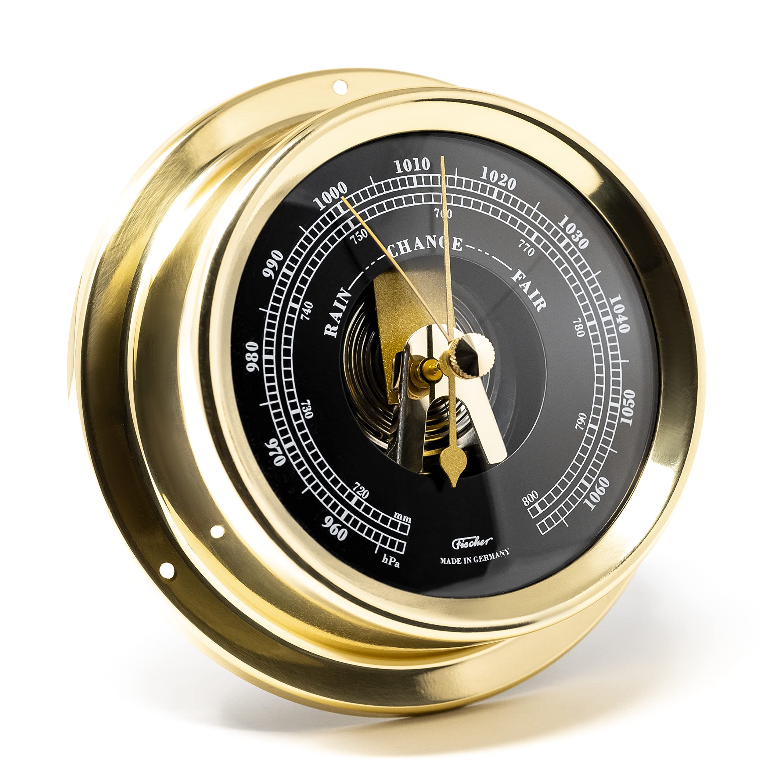 Fischer 1508B-45.6 - Barometro interno marittimo - 125 mm, quadrante nero, cassa in ottone Made in Germany