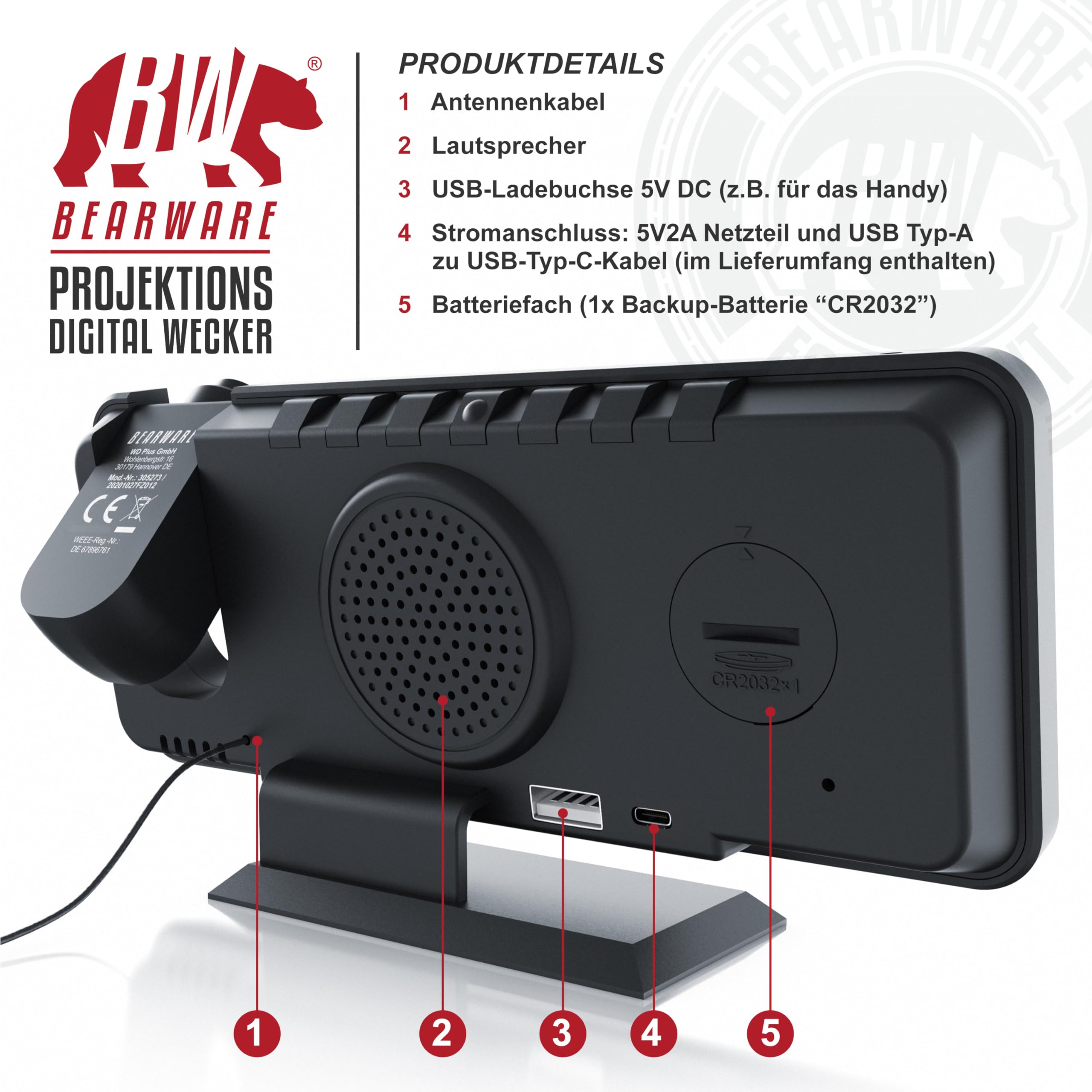 CSL Digitale wekker met uitklapbare projectie, radiowekker, DCF, weerstation, buitensensor, temperatuuralarm, dubbele wektijd en snooze, dimmer, minimale en maximale waarde, voeding