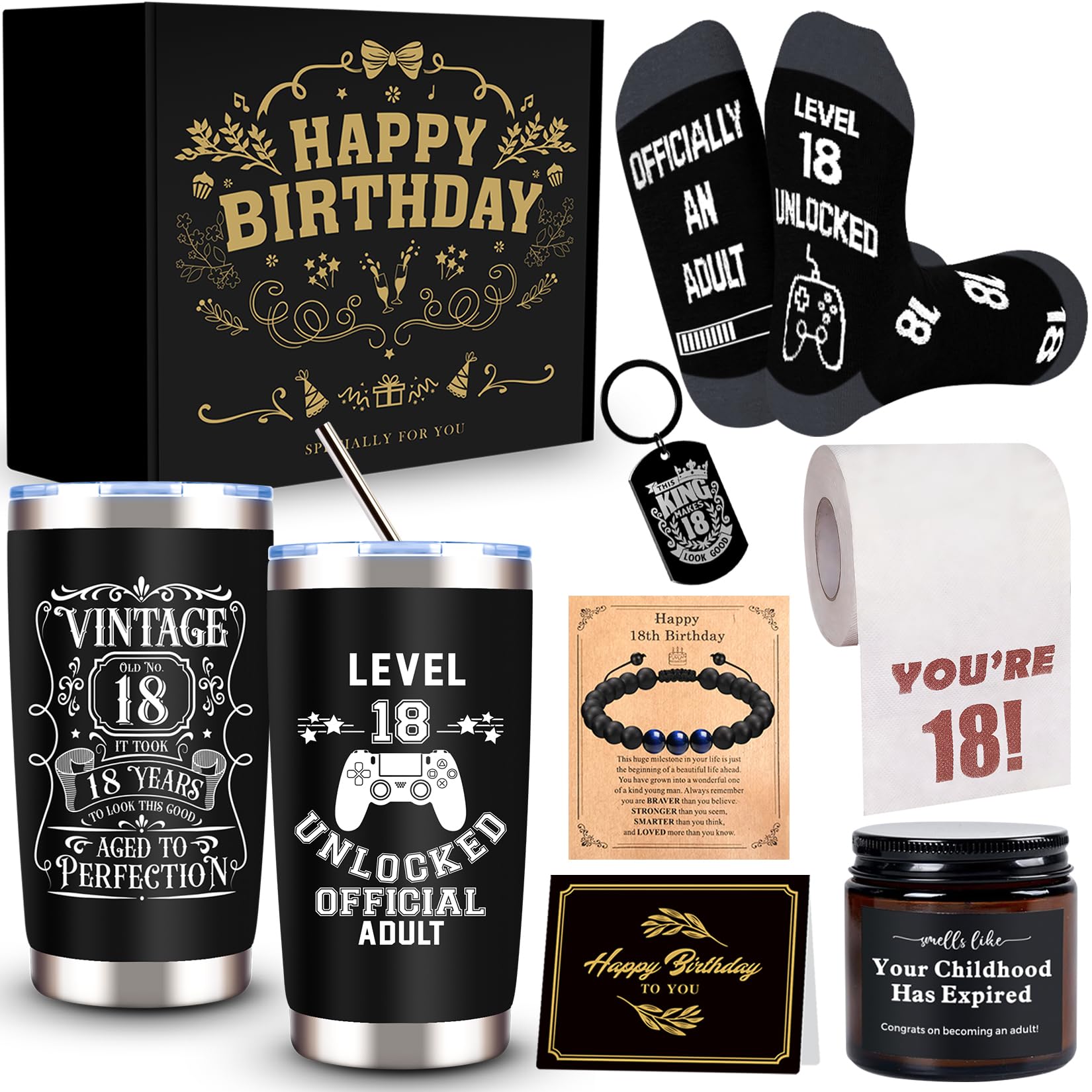 JTAMOHI 8 Pcs Happy 18th Birthday Gifts for Boys, 18 Year Old Boy Birthday Gifts Ideas with 20 Oz Tumbler, Funny Socks, Toilet Paper, Bracelet,