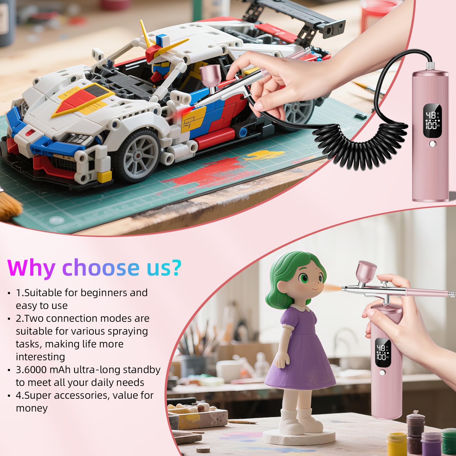 Kit de aerógrafo con compresor, 48 PSI de alta presión, juego de cepillo de aire sin obstrucción, 6000 mAh en espera extralarga, ideal para pintura, modelado, decoración de pasteles, pastelería