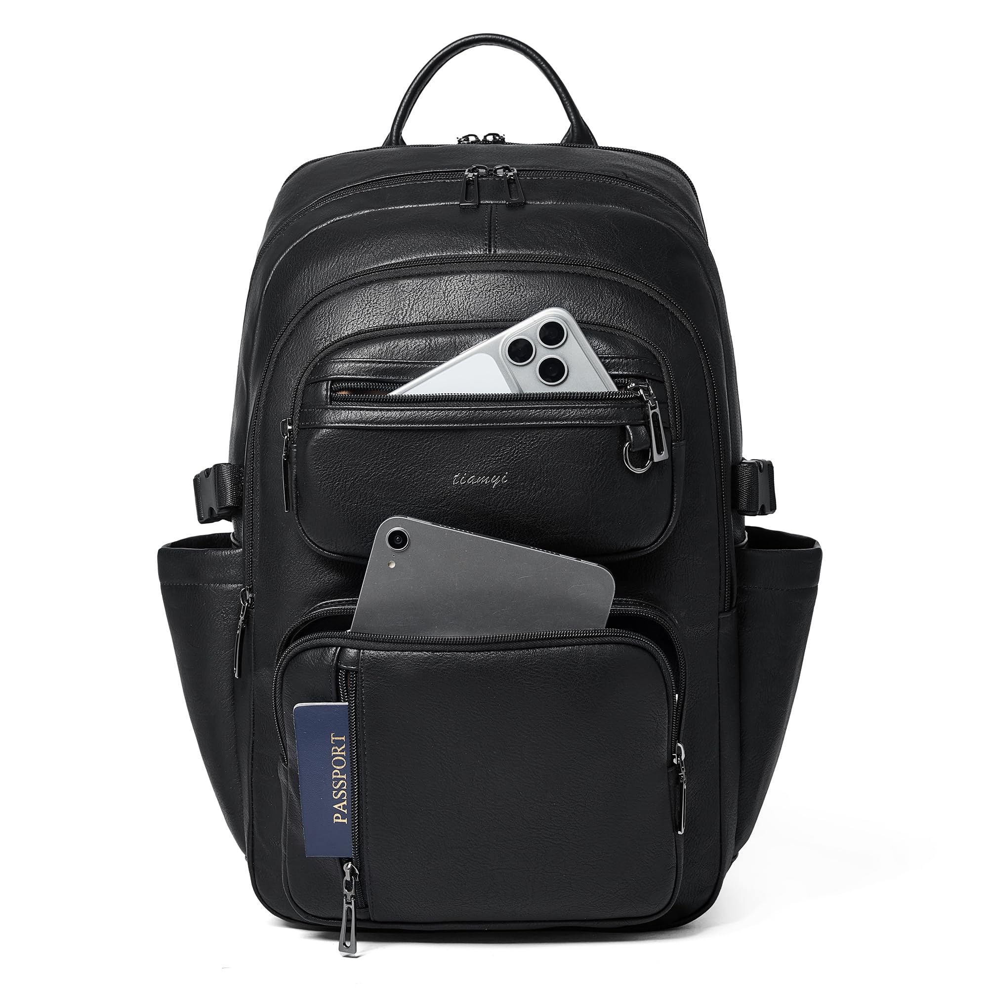 Mochila de cuero vegano, mochila de viaje TSA para hombres y mujeres, se adapta a laptop de 17.0 pulgadas con correa de equipaje, color negro