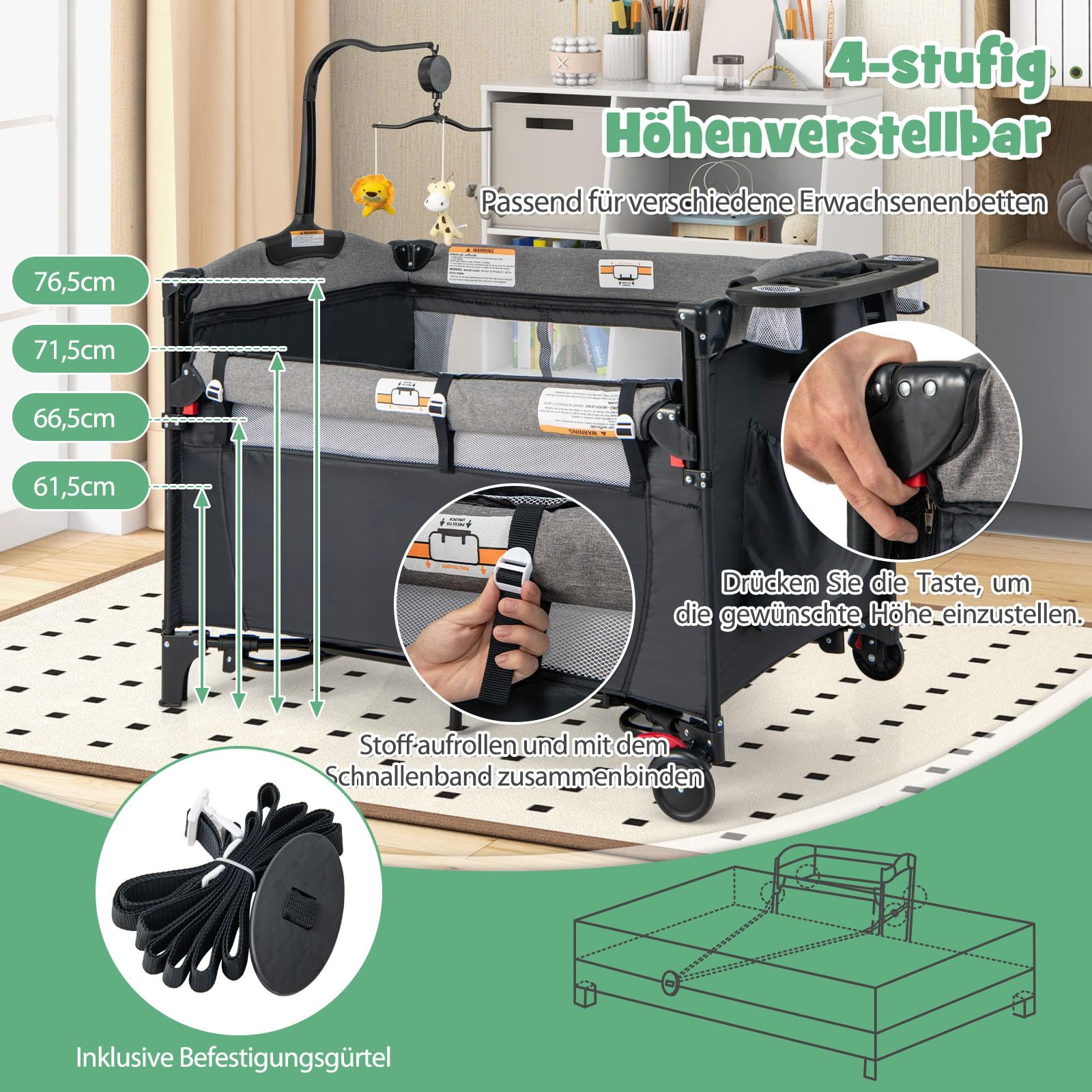 DREAMADE 5 in 1 Reisebett Baby, 120 x 60cm Beistellbett mit Matratze & Wickeltisch, Spieluhr & Spielzeug, höhenverstellbares Babybett für Baby ab Geburt(Dunkelgrau)