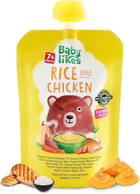 Halal & Organic Vegetable & Fruit Pouches 7+ Months Babies On-the-Go Baby Pouches Mums Dads Baby Likes Baby Puree Pouches Rice Chicken 6 Pouches 130g