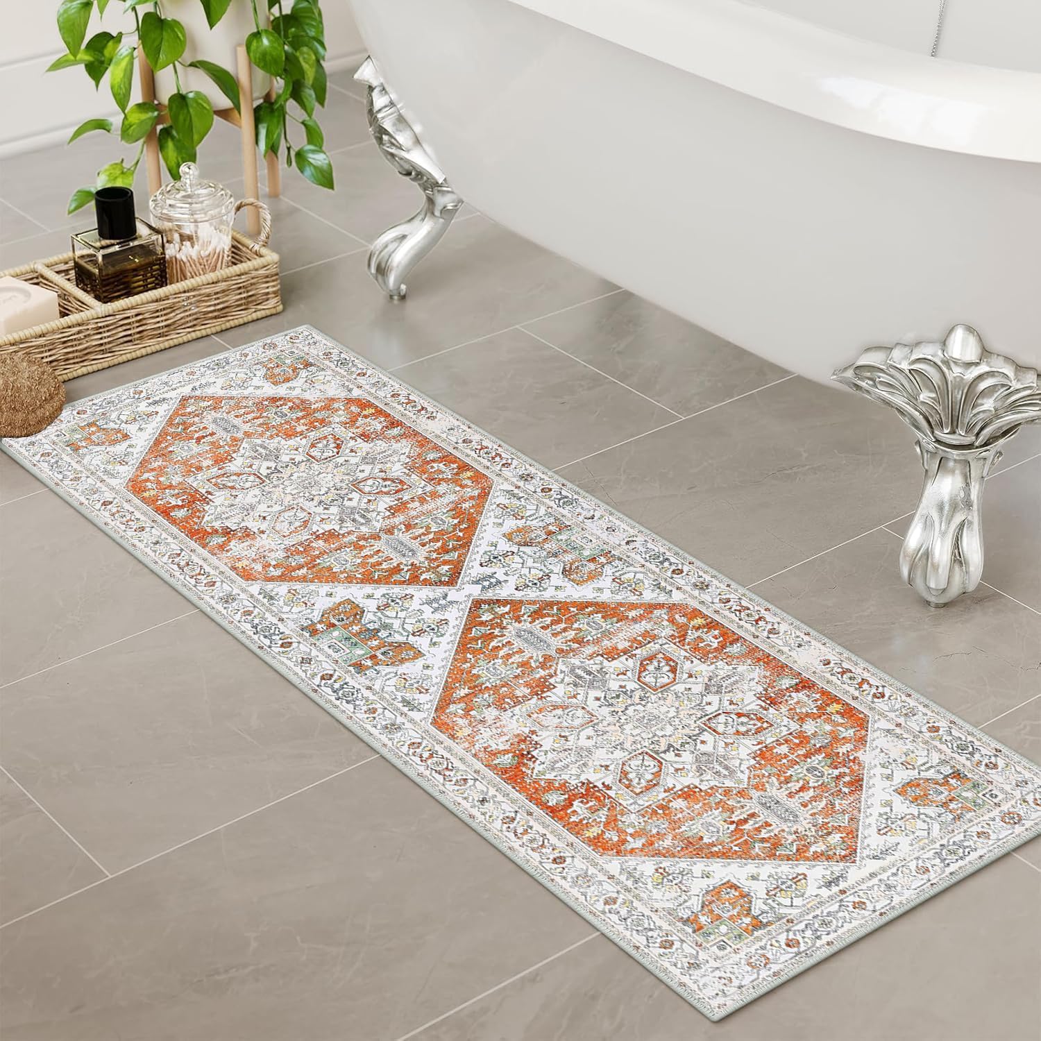 Bathroom Rugs Vintage Boho Bath Mats Light Orange Non Slip Bath Rug Comfy Velvet Washable Bath Mat Shower Rug for Bathroom Floor Sink Shower Vanity 18X47 Inch (Orange, 18X47 Inch)
