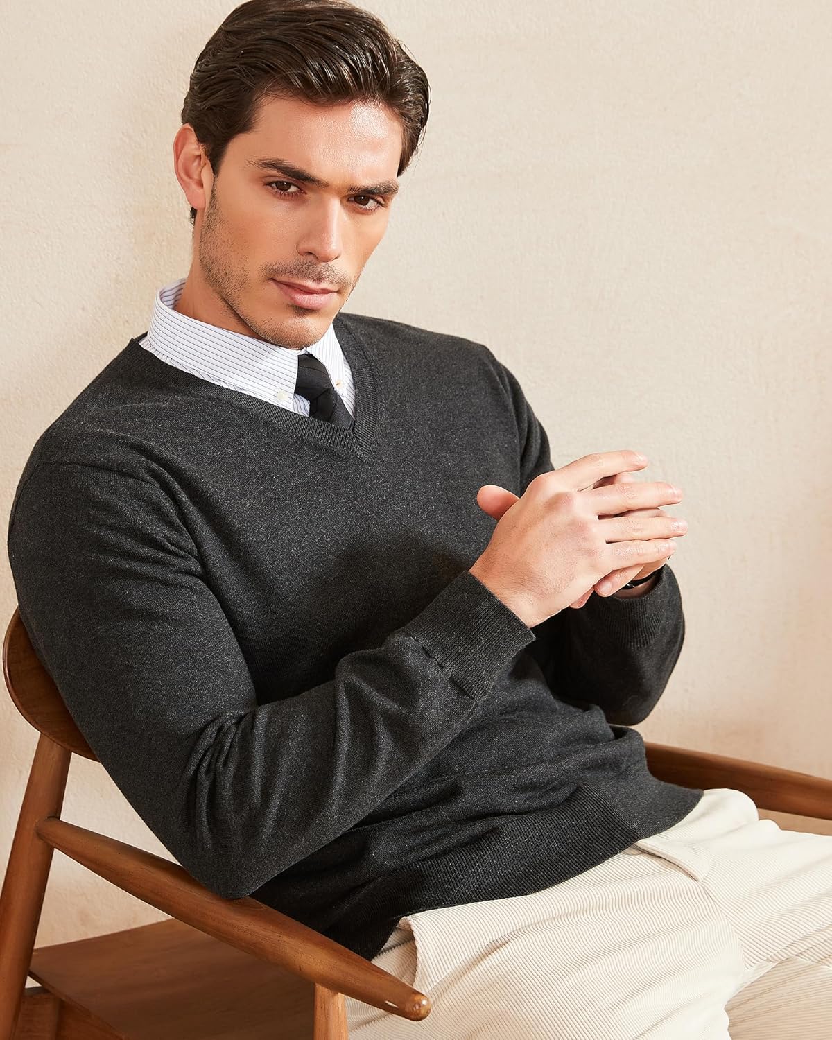 Kallspin Men's V Neck Sweater Pullover Regular Fit Pure Cotton Long Sleeve Lightweight Knit Casual Smart Layering - Image 5