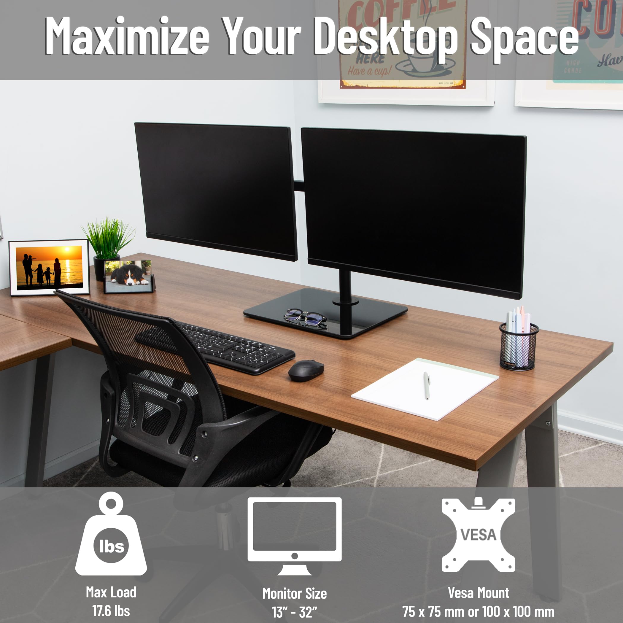 Mind Reader Supporto da scrivania per doppio monitor da 13"-32", VESA 75x75/100x100, movimento completo con rotazione di 180°, orientabile a ±90°, inclinazione ±45°, portata fino a 8 kg ciascuno