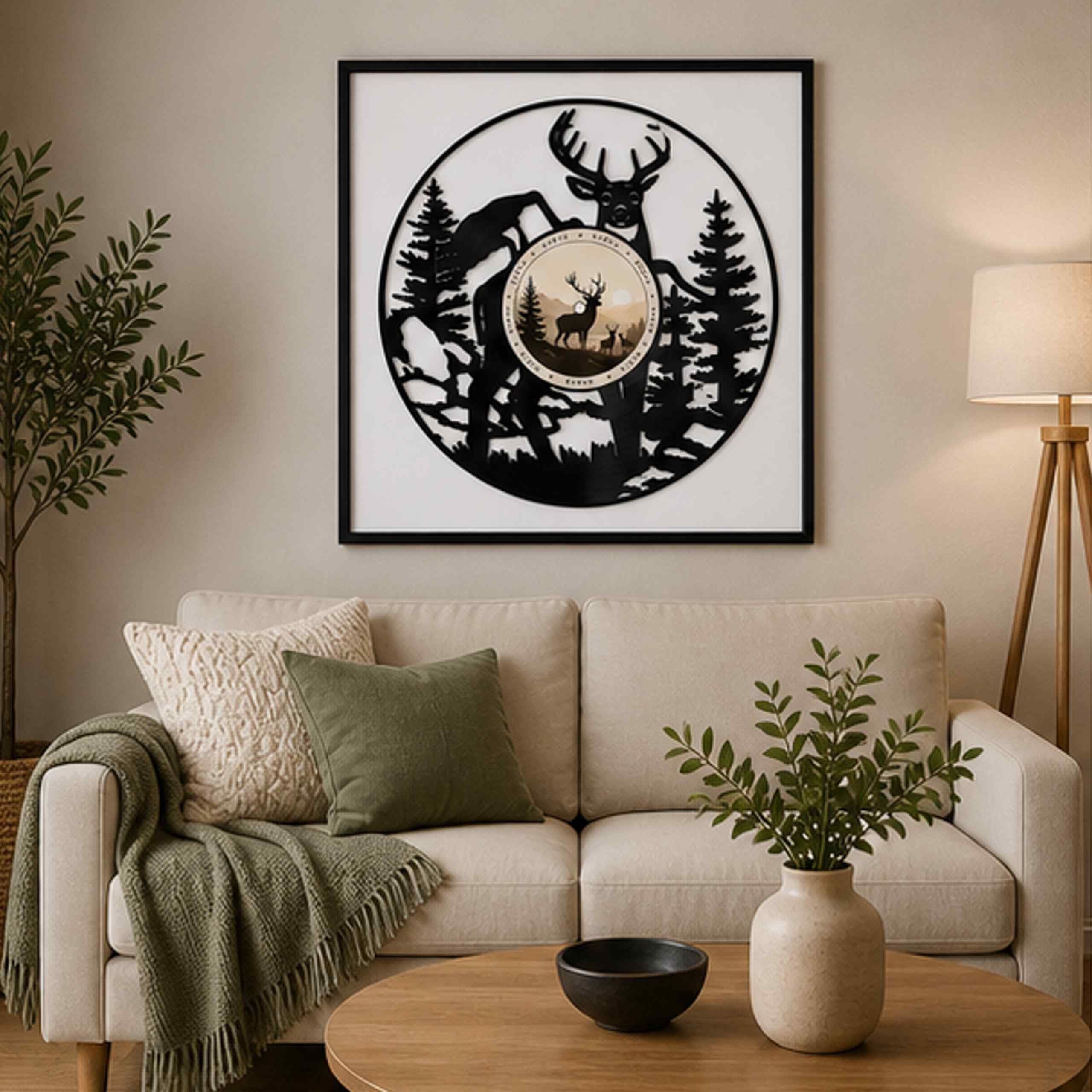 EVEVO Decorazione da parete in vinile con cornice, 32 x 32 cm, cervo, decorazione da parete in vinile, animali selvatici, regalo per cacciatori e amanti della natura