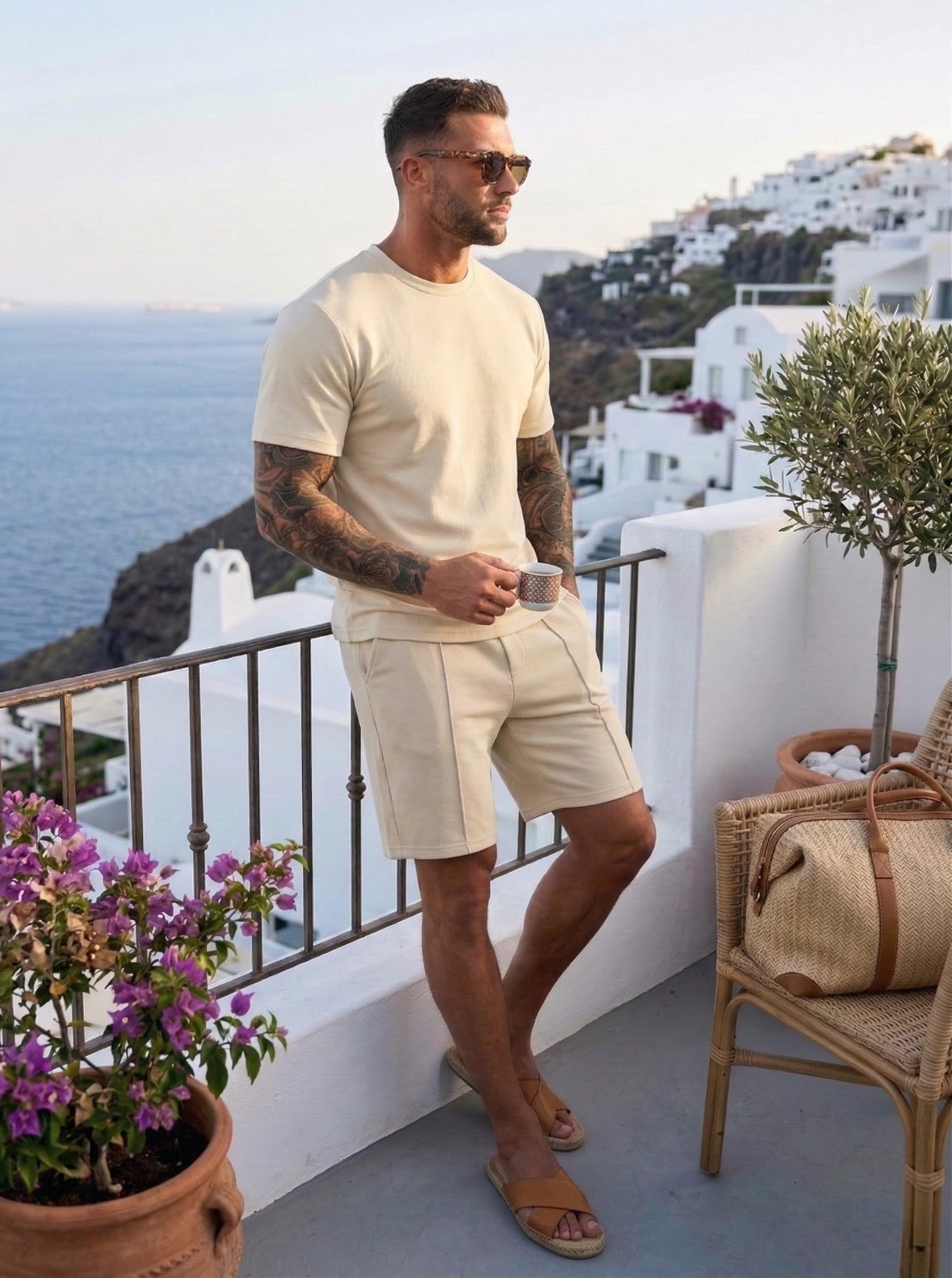 QIXING 2-Teiler Herren Sommer Outfit Kurz Trainingsanzug Hemd & Shorts Set Freizeitanzug mit Taschen Kurzarm