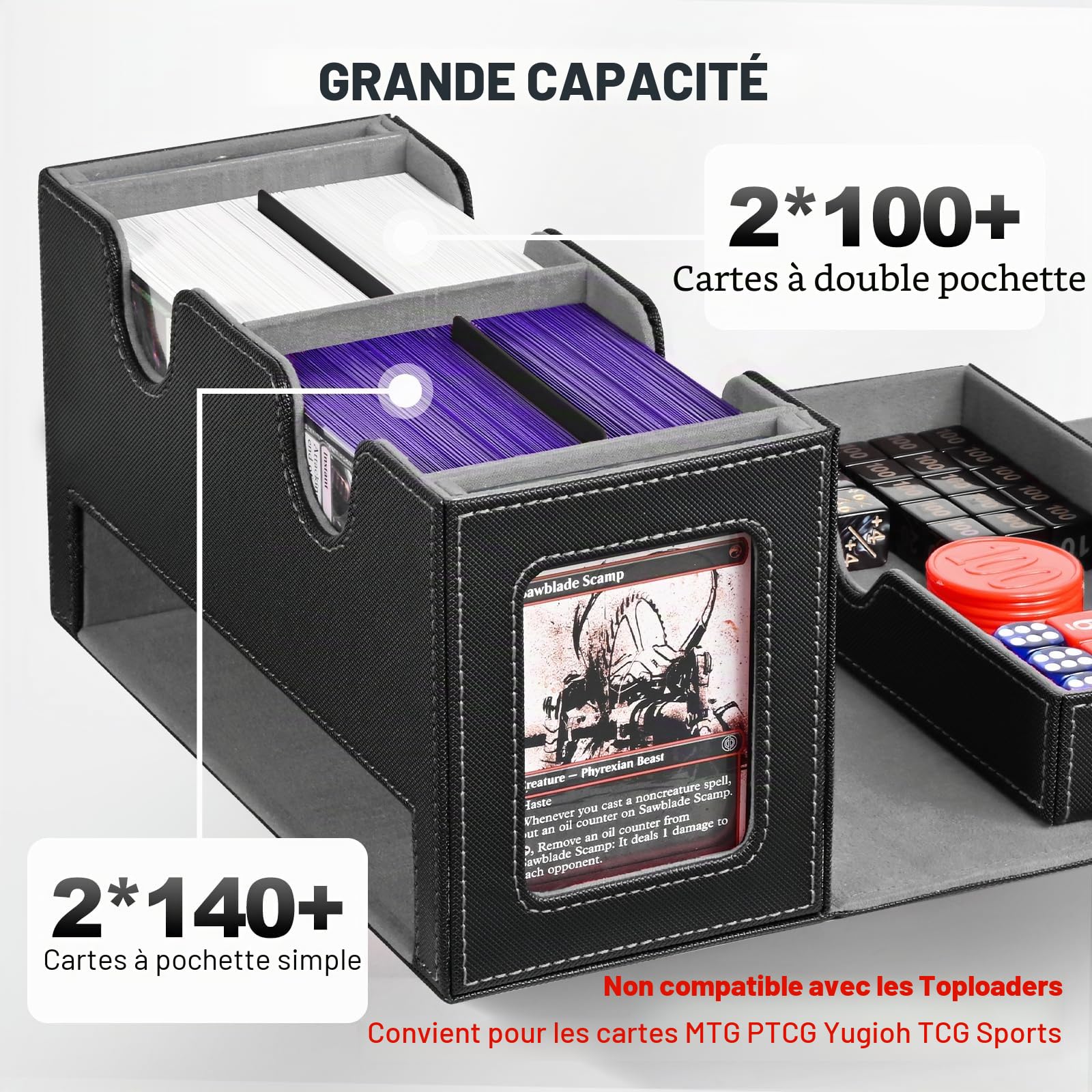 UAONO Boîte de rangement pour MTG, double boîte de rangement avec 2 présentoirs commandants et 1 plateau à dés, peut contenir plus de 200 à double manchon, organisateur pour CCG TCG Sports (noir gris)