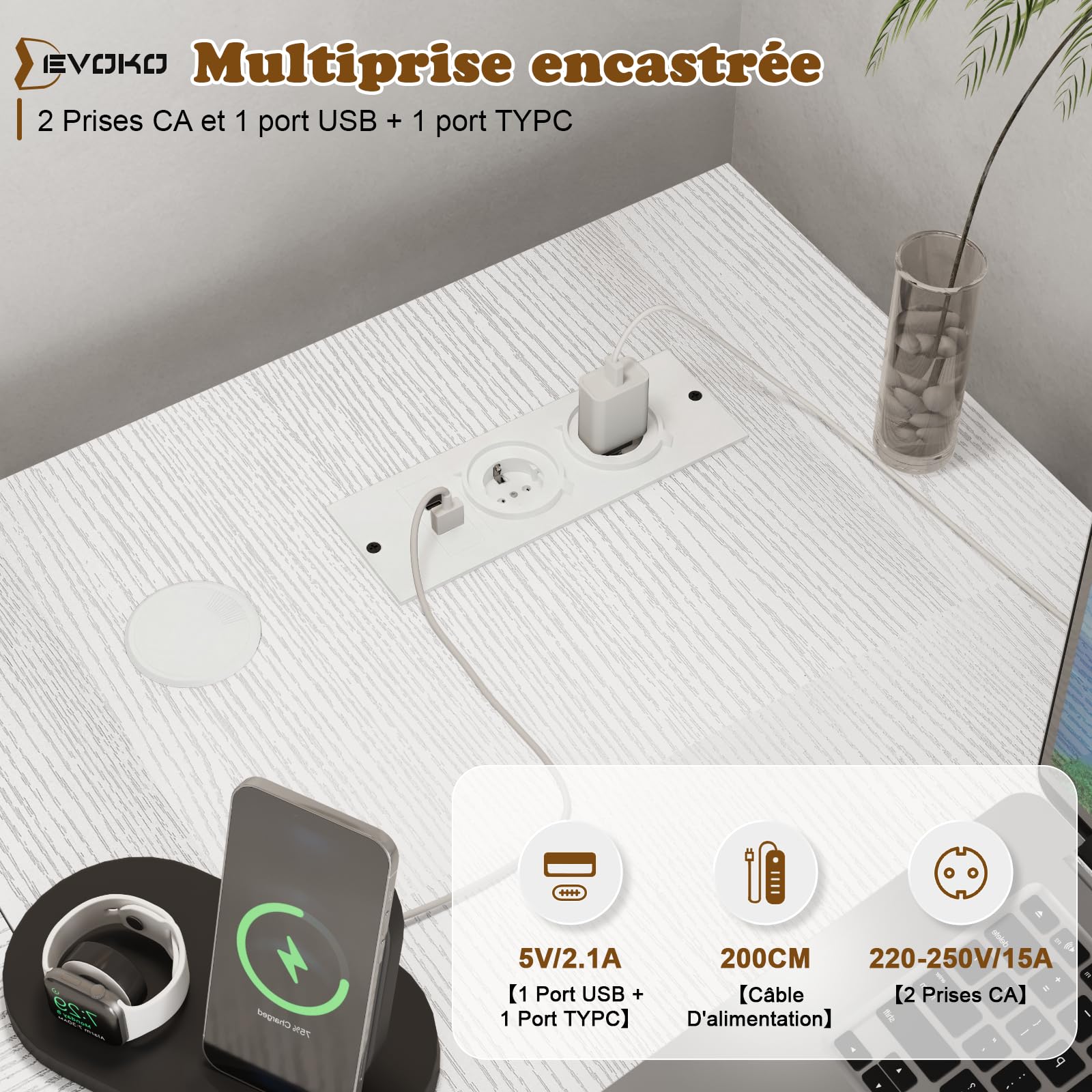 Devoko Bureau d'angle 160 x 80 cm, Bureau en L avec 4 Tiroirs,1 Port USB + 1 Port Typ-C et 2 Prise de Courant, Table Réversible avec Support d'écran pour Travail à Domicile, Blanc