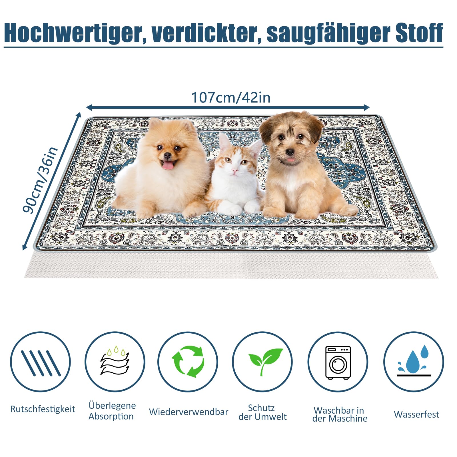 Waschbare Hunde-Trainingspads 2er Set (91×107 cm) – Wiederverwendbare, Super Saugfähige & Auslaufsichere Welpen-Pads mit Rutschfester Unterlage, Boho Design (Blau-1)