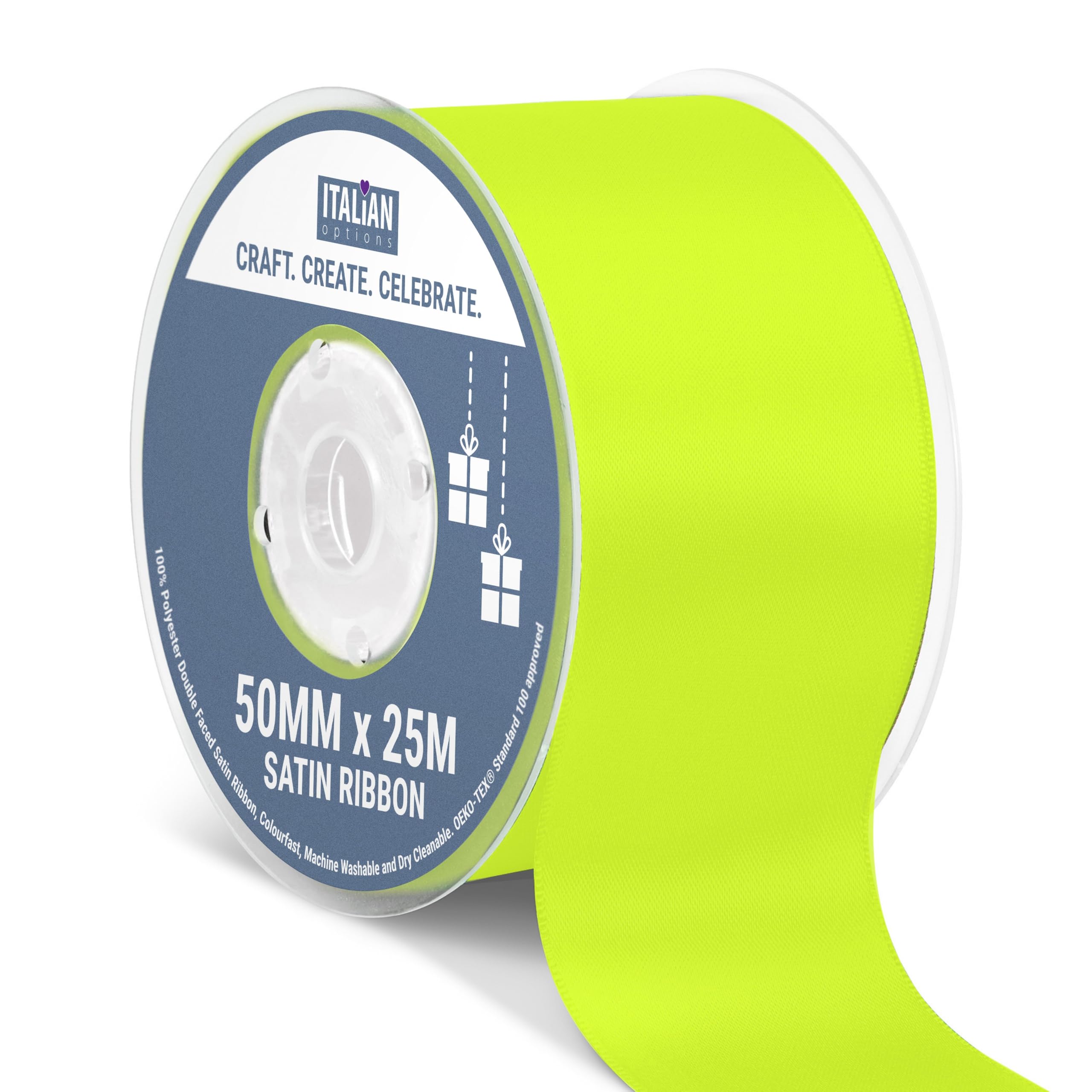 Italian Options Satin Ribbon, Fabric Ribbons for Gift Wrapping, Crafting, Balloons, Wedding Car, Presents, Cake, Christmas, Birthday, Gift Wrap Accessories, 10mm Wide x 25 Metre Roll, Lemon — view 118