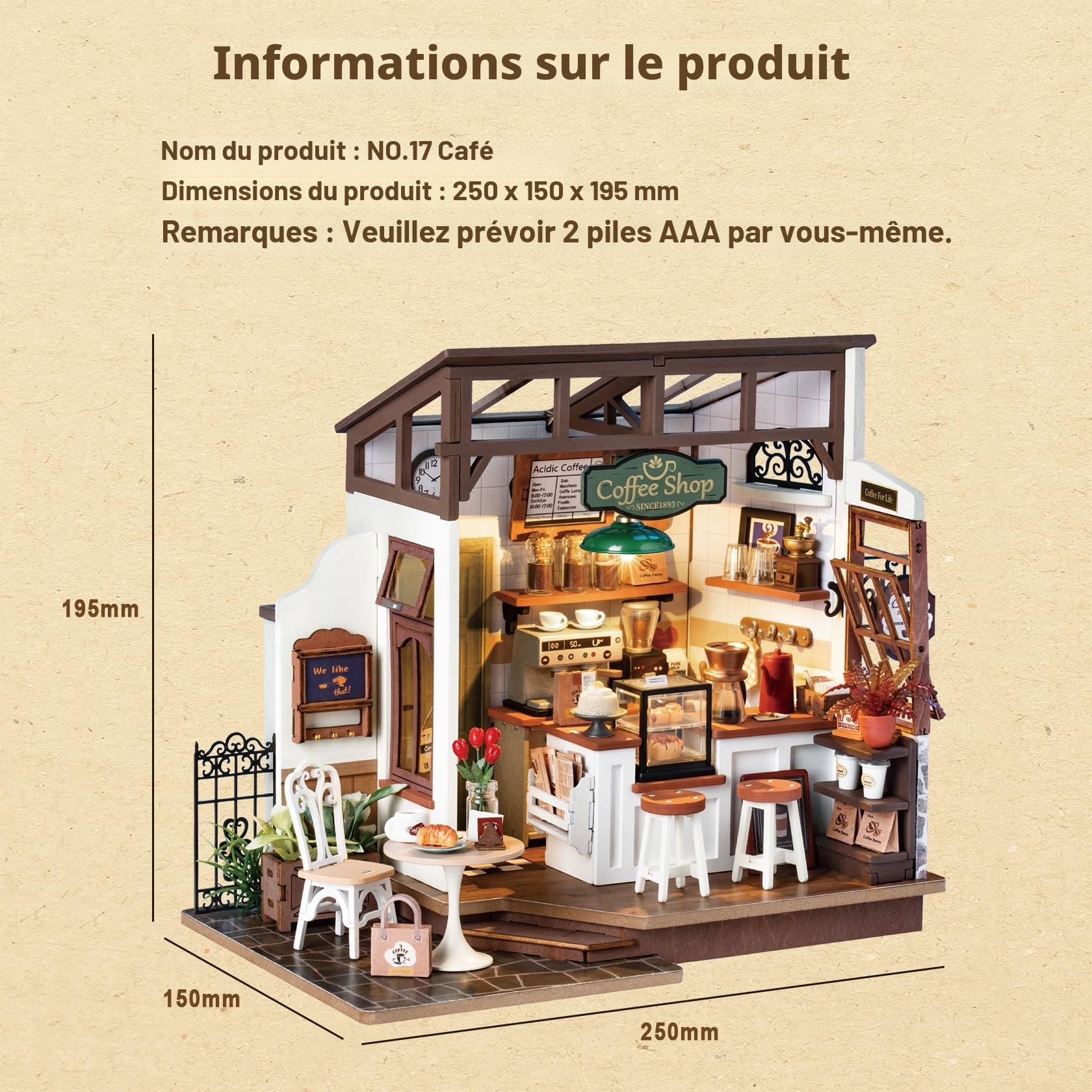 Rolife Maison de Poupées avec Meubles Miniature Maison en Bois Kits de modèles Jouets Cadeau de Noël pour Enfants et Femmes (NO.17 Café)