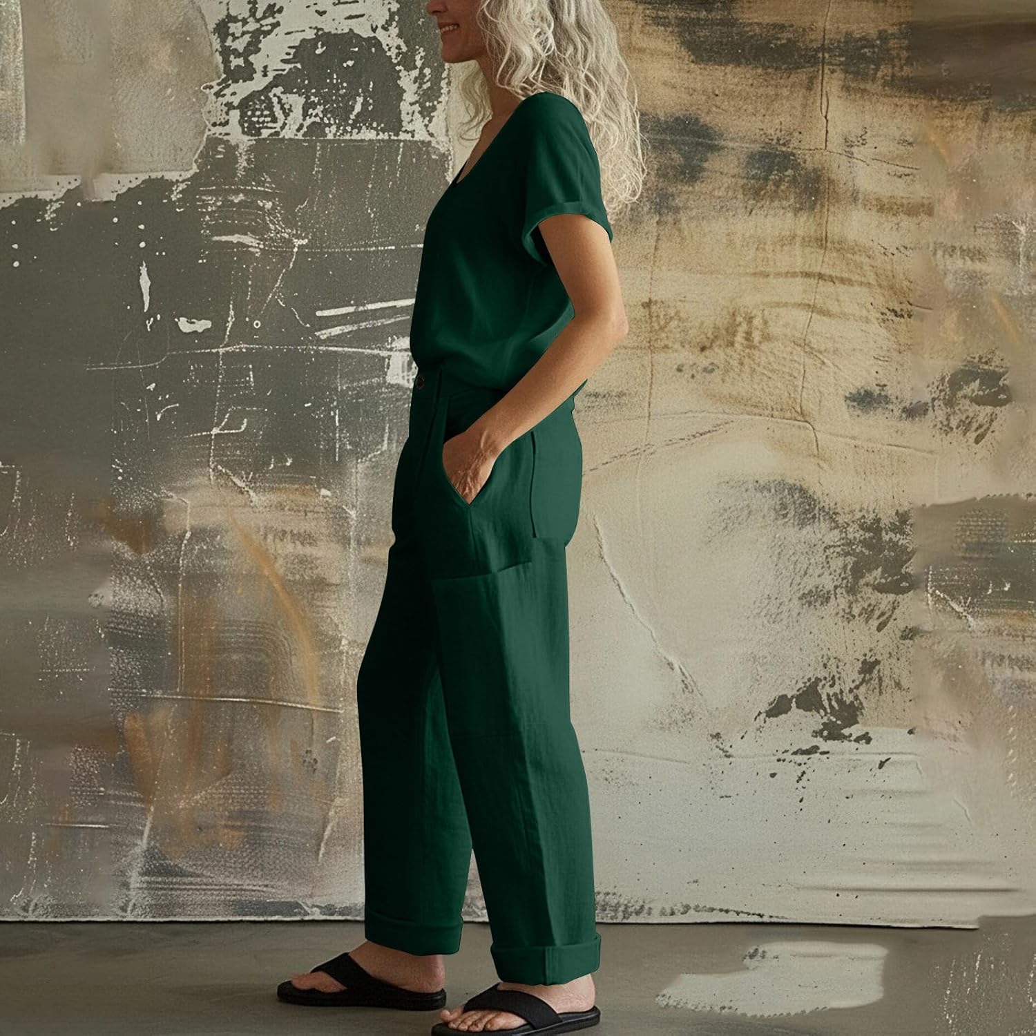 Linen Outfits for Women Summer 2 Piece Sets Crewneck Short Sleeve Tops and Wide Leg Cargo Pants for Beach Vacation