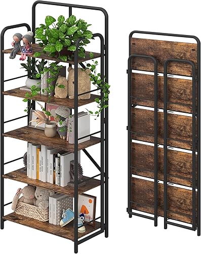 4NM Estantería plegable de 5 niveles sin montaje, estantería industrial abierta para organizador de estudio, oficina en casa, color marrón rústico