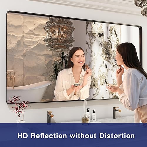 Miniatura 2 de ISKM Espejo de baño negro para pared de 48 x 40 pulgadas, espejo de tocador con marco negro mate, antioxidante, vidrio templado, espejo rectangular