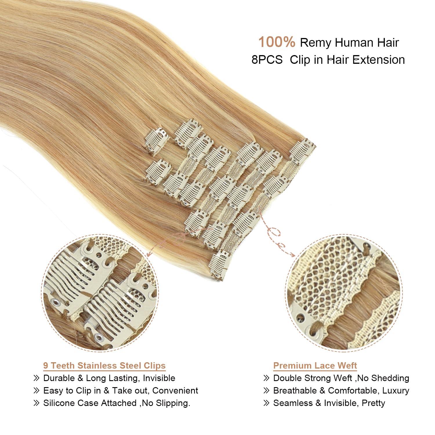Straight Clip-In Human Hair Extensions, 16 Inch, 100g, Double Weft 200 Gram 24 main image 2