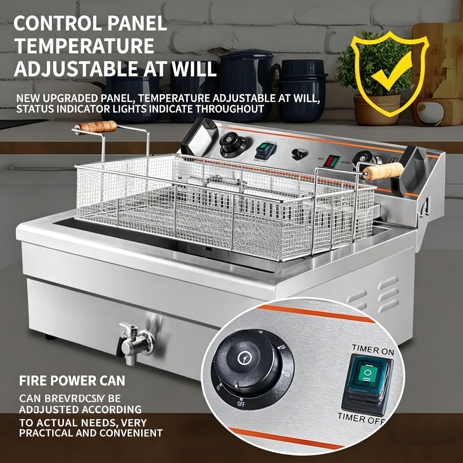 Friggitrice Elettrica da Banco da 20/30 Litri, Friggitrice Professionale con Riscaldamento a Quattro Anelli, Temperatura Regolabile e Timer, per Friggere Diversi Tipi di Alimenti
