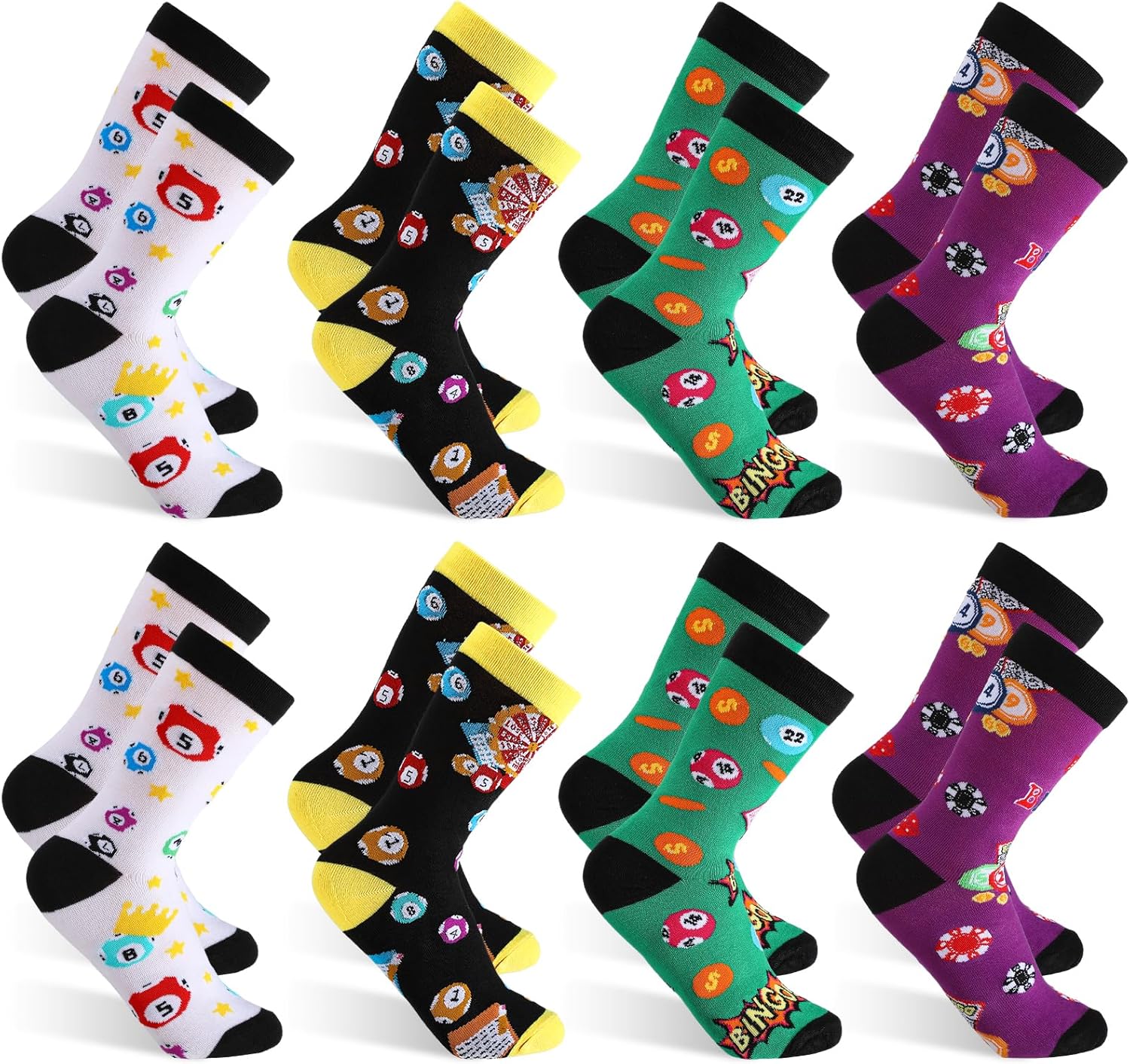 Glitopper 8 Pairs Bingo Socks for Women Men Funny Bingo Gift for Game Lover Crew Cotton Socks for Friend Family Coworker
