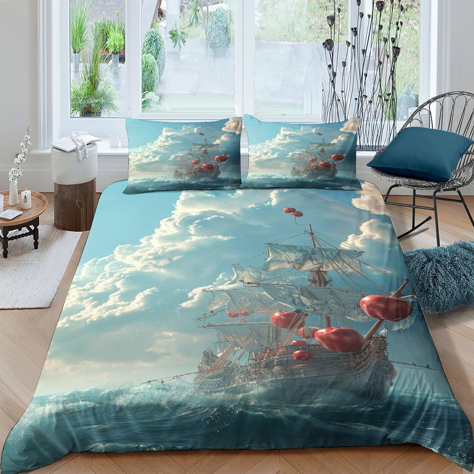 Ensemble de literie avec taie d'oreiller King 220x240cm, housse de couette anti-pli Apple Boat