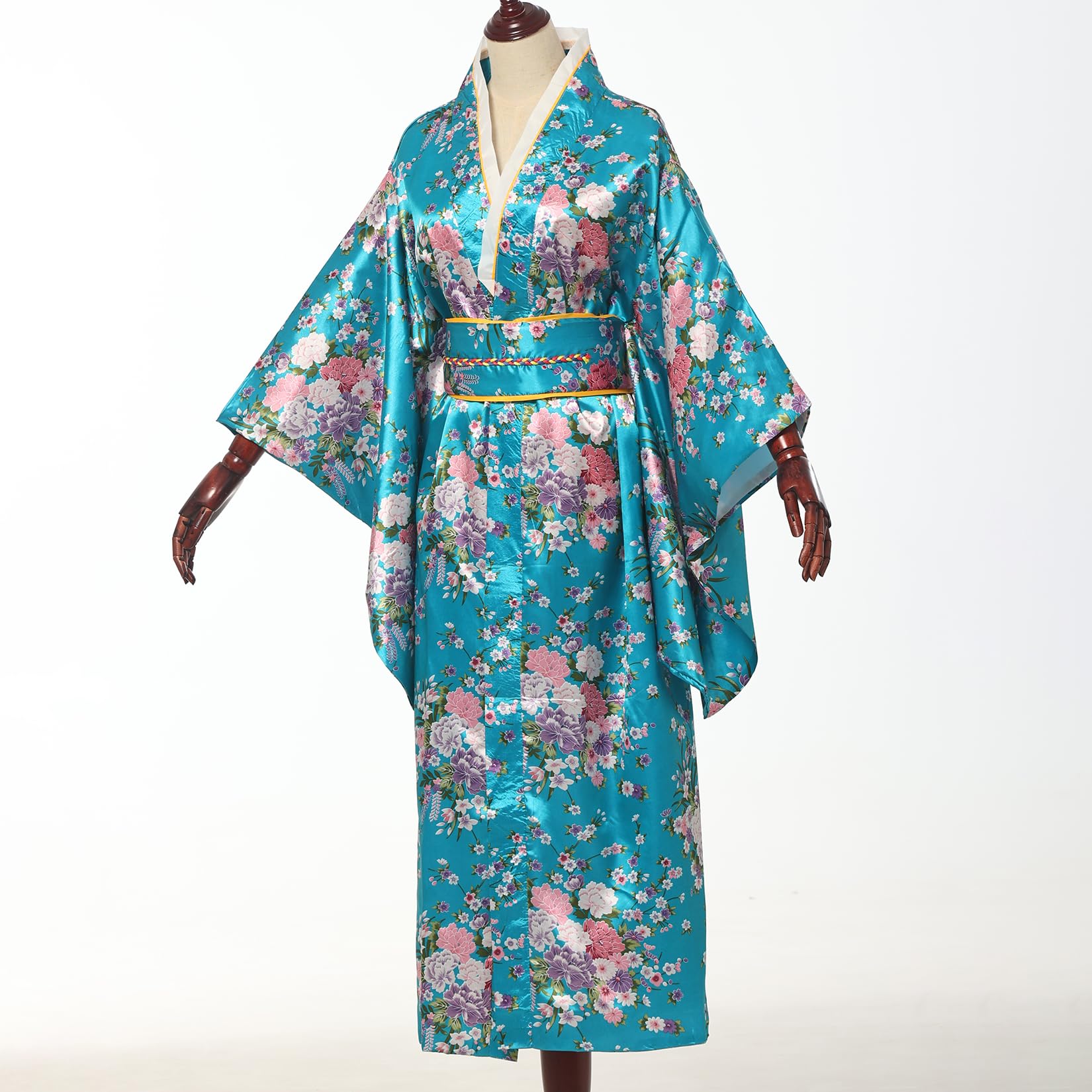 BPURB Bata kimono tradicional japonesa para mujer, vestido de geisha yukata, bata de baño de satén con flores