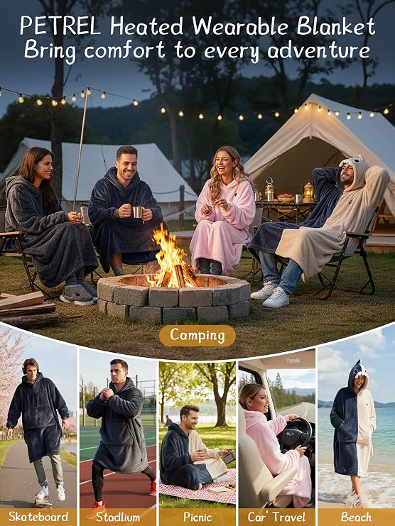 PETREL Wearable Heated Blanket with 16000mAh Battery,Cordless Electric Heating Blanket Hoodie,Oversized Sweatshirt Throw Blanket,Heated Shawl with Sleeves Flannel for Indoor,Outdoor,Camping,Traveling