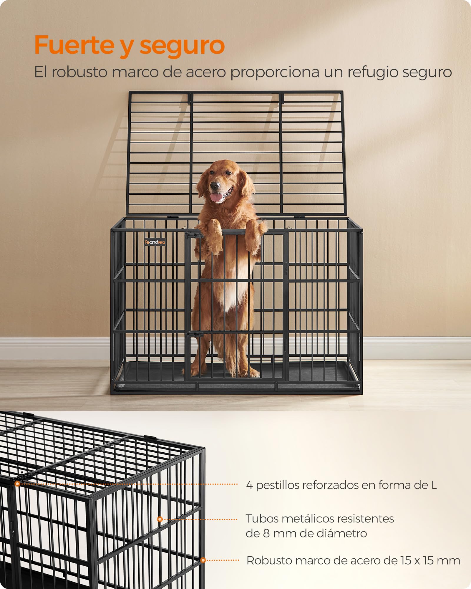Feandrea Jaula Pesada para Perros, Jaula para Mascotas, 122 x 75 x 80 cm para Perros Medianos y Grandes, con Bandeja Extraíble, Doble Puerta, Fácil de Limpiar, Negro Tinta PPD006B01
