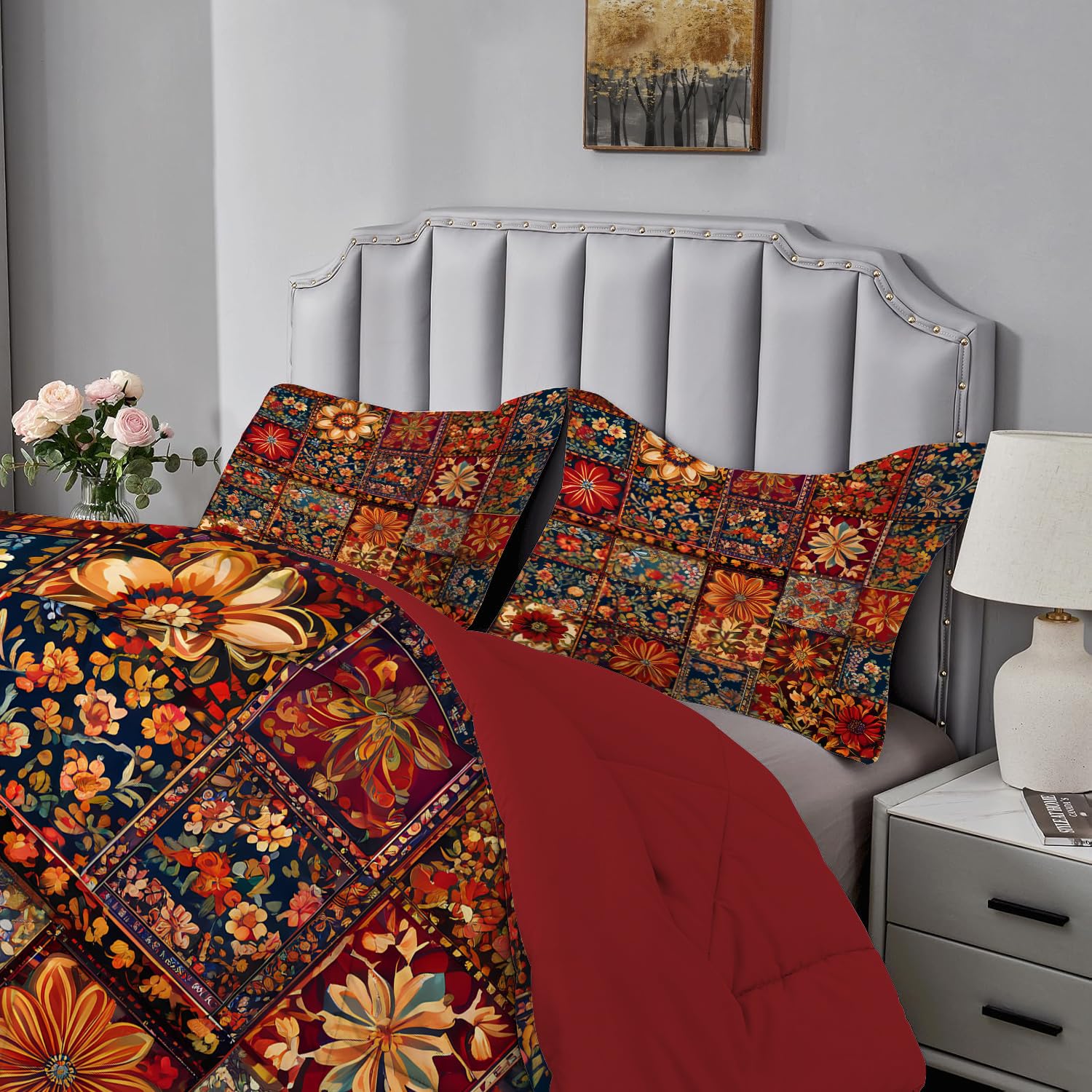 Couette 220x240 - Couette Imprimée Patchwork - Couette 4 Saisons Motif Bohème Fleurs - Couette Réversible 2 Personnes Édredon Lavable et Taies d'oreiller 65x65 - Rouge B53