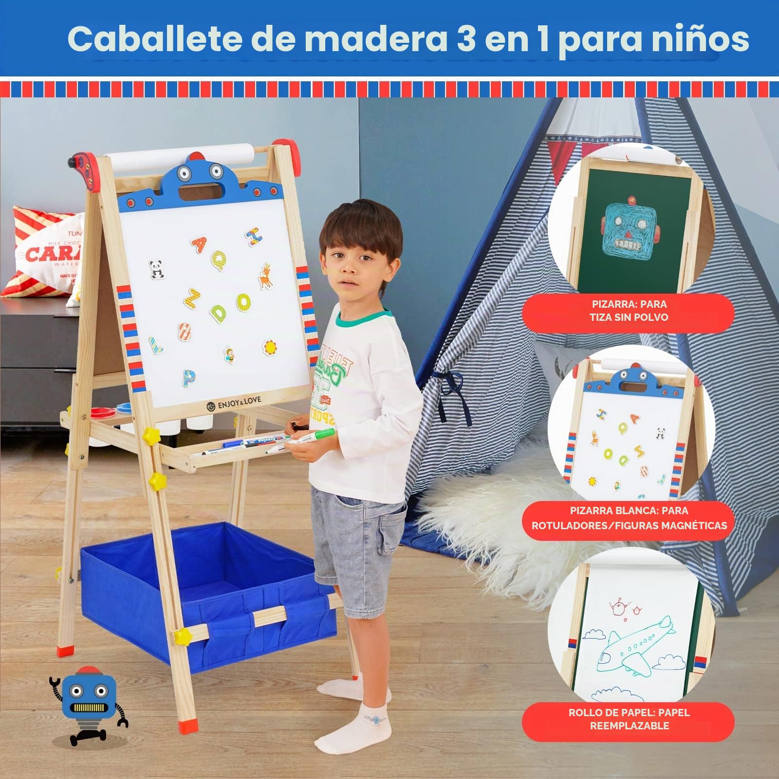 Caballete Pintura niños, tablero de Dibujo de Doble Cara de Madera, Caballete de Arte de Altura Ajustable con Números, Pergaminos y Otros Accesorios, adecuado para niños 2-15 años (Robot)