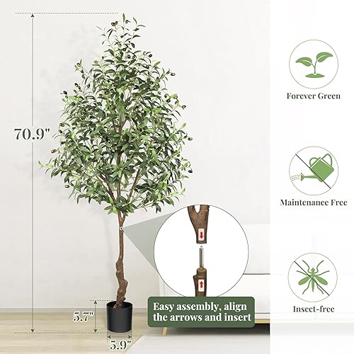 Miniatura 7 de ONME Árbol de olivo sintético, olivos artificiales de 6 pies para interiores con hojas y frutas realistas, plantas artificiales de seda para