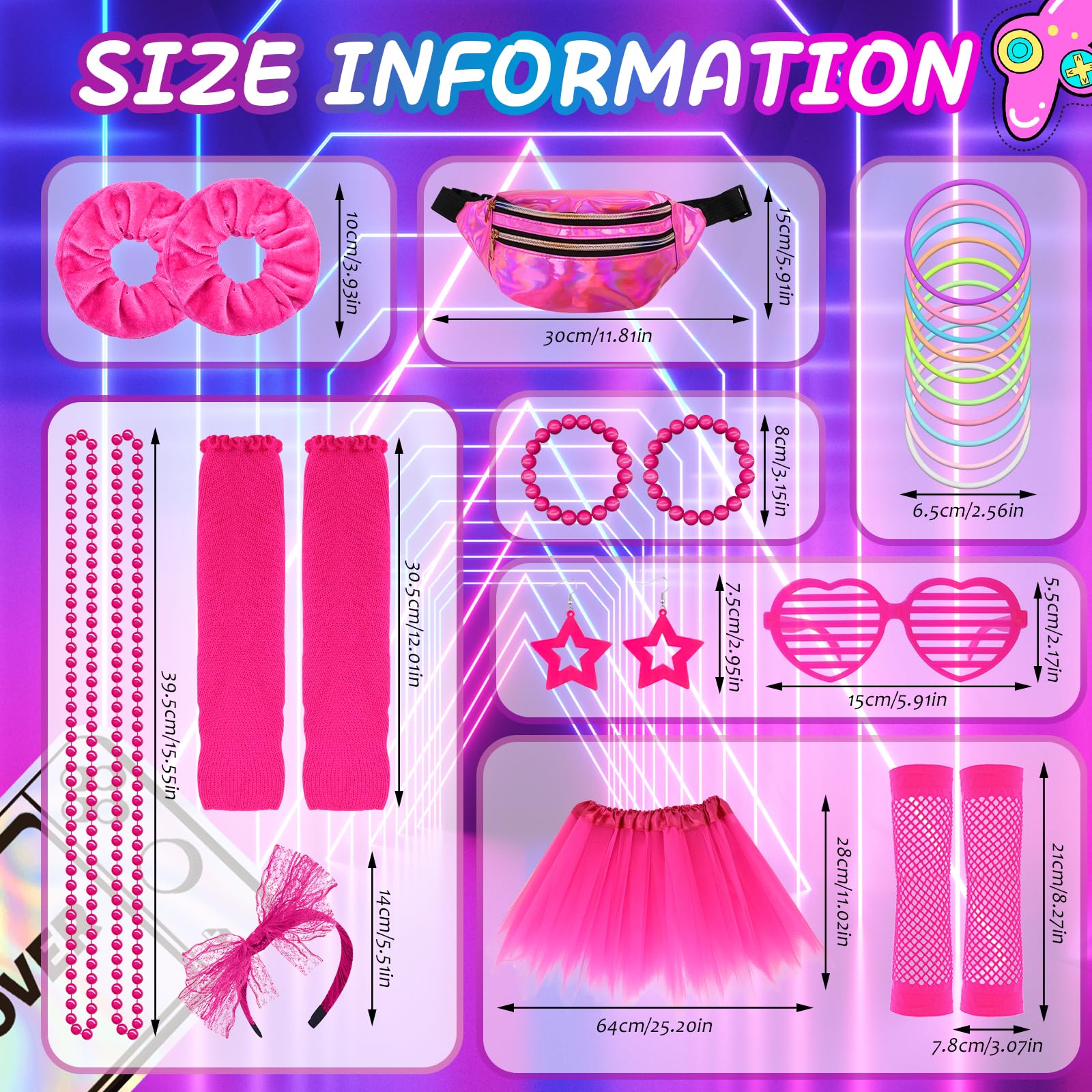 80s Costume Accessories Set for Girls 1980s Fancy Dress Outfit with Tutu Skirt Waist Bag Fishnet Gloves Leg Warmers Earrings Headband Bracelets Necklaces for Halloween Neon Party Cosplay-Pink - Image 2