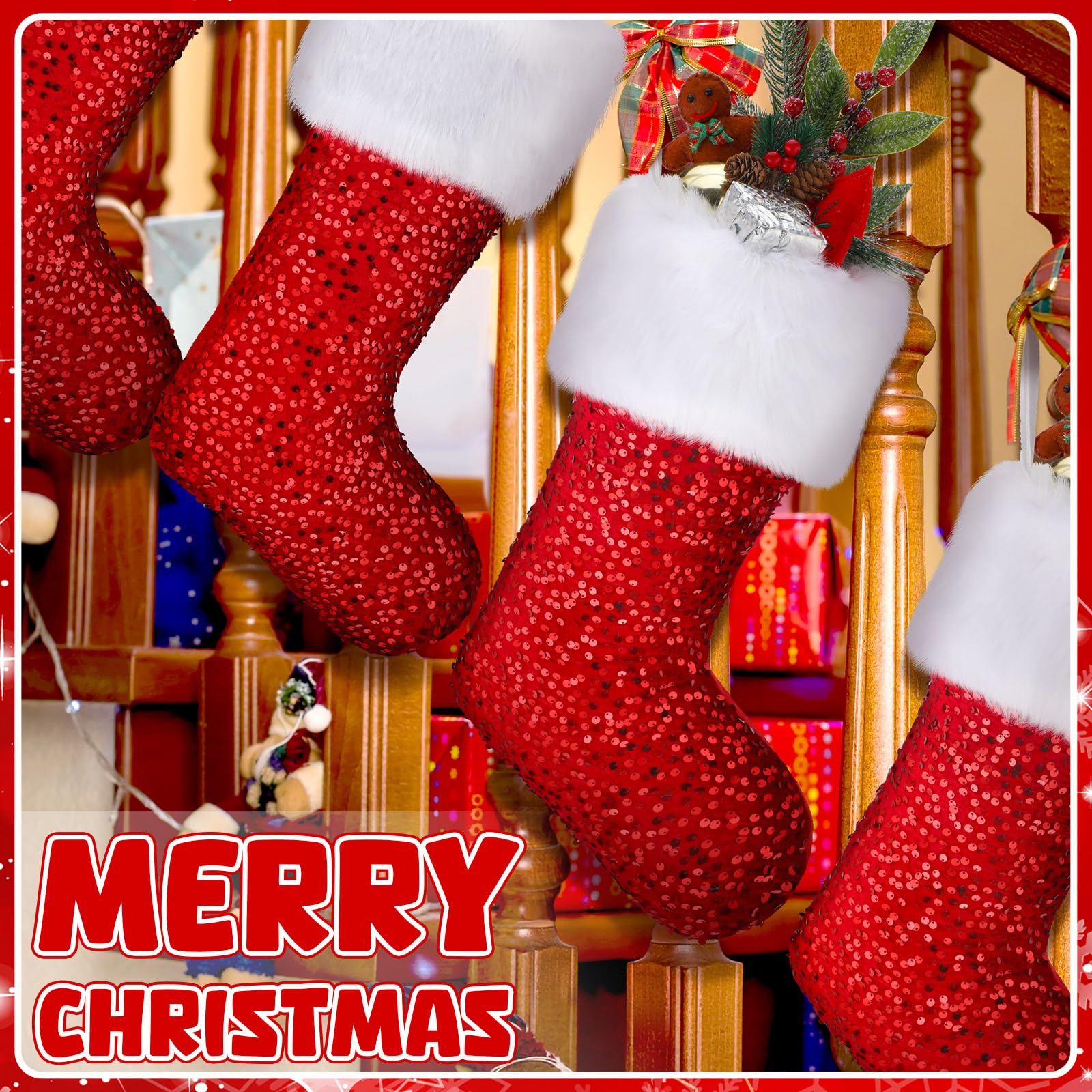 Weihnachtsstrümpfe, Kunstfell, Weihnachtsstrümpfe, große Plüsch-Manschette, hängende Ornamente für Weihnachtsbaum, Kamin, Rot, Glitzer-Pailletten-Stil, 6 Stück