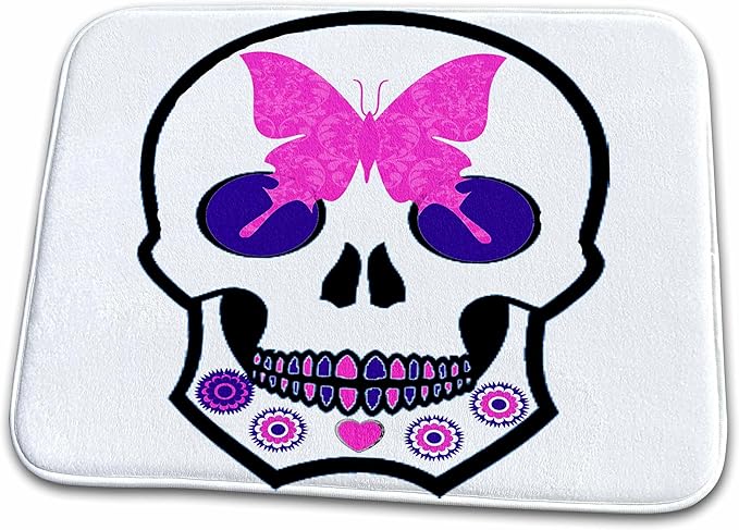 3dRose Bathroom Bath Rug Mat - Sugar Skull with A Pink Butterfly and Flowers Skulls