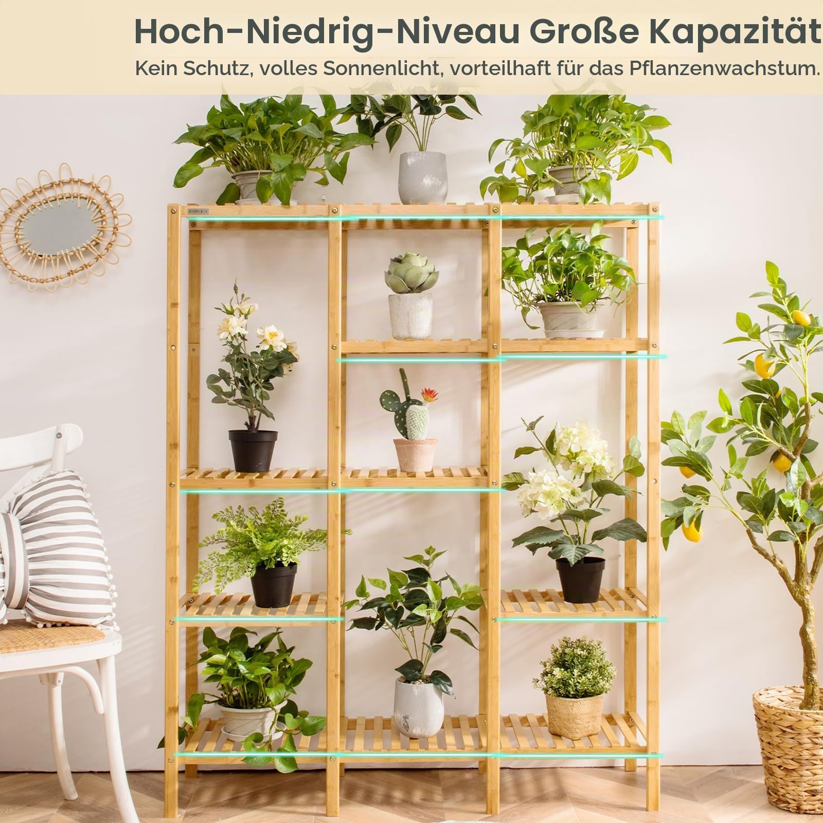 HOMASIS Blumenregal mit 5 Ebenen, Pflanzenregal aus Bambus, Pflanzenständer mit 12 Ablageflächen, Blumenständer Blumentreppe für Wohnzimmer, Balkon, Garten, Terrasse, 114 x 31,5 x 141 cm , Natur