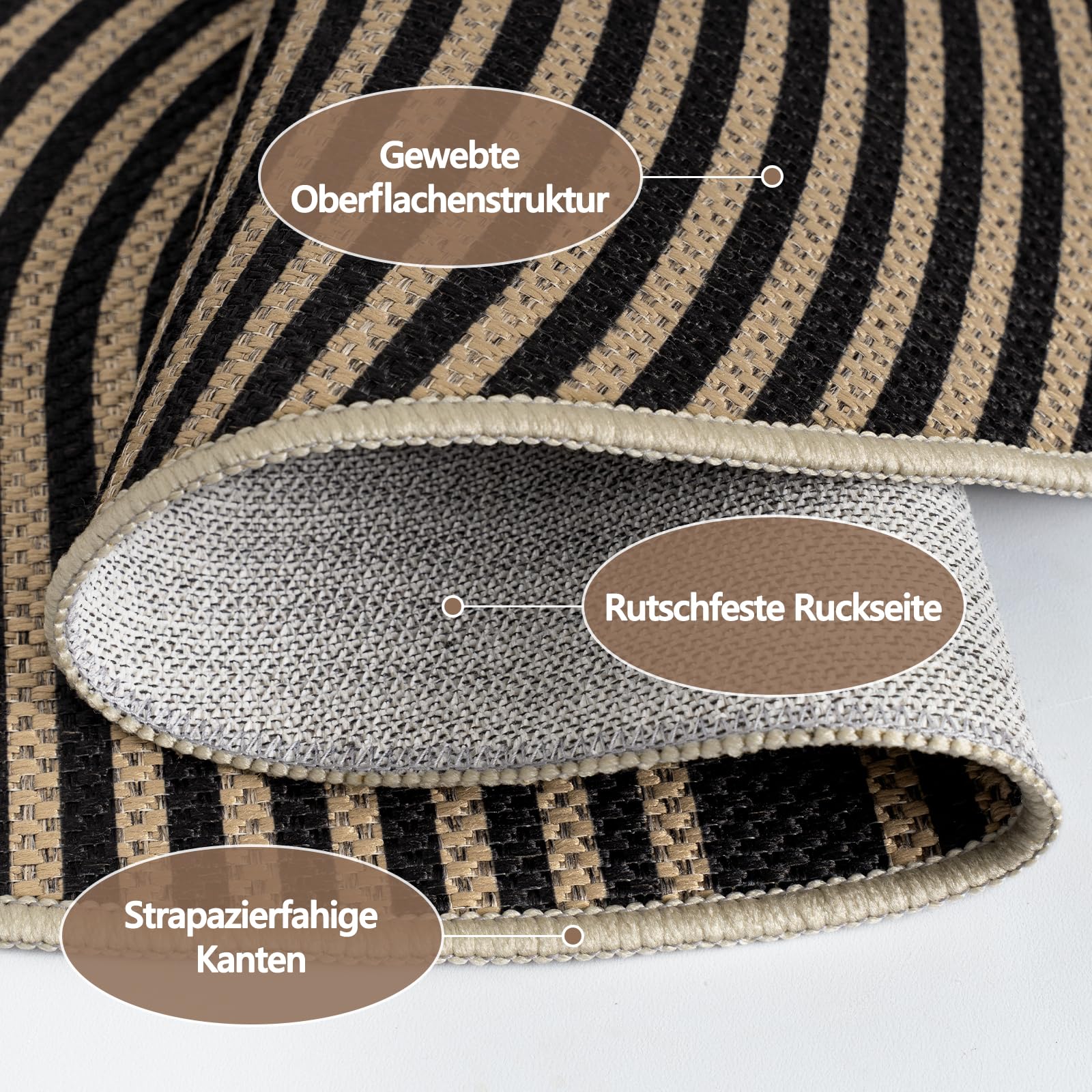 Capslpad Tapis d'extérieur, rond, 160 cm, aspect jute, résistant aux intempéries, lavable, antidérapant, naturel, pour salon, balcon, terrasse, cuisine, jardin - Couleur : noir/naturel