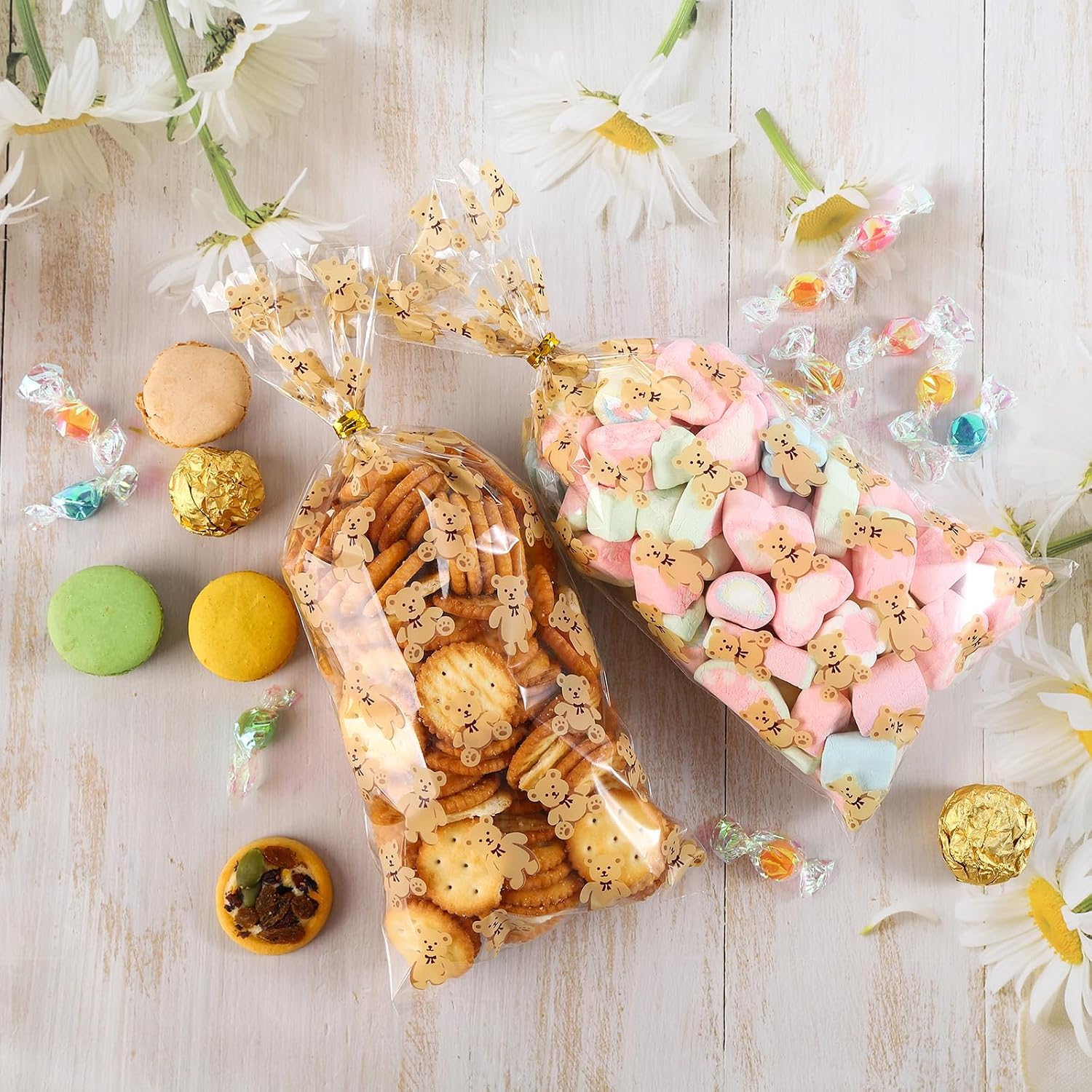 100 Pcs 5 x 11 Inch Clear Cellophane Treat Bags with 100 Gold Twist Ties, Bear Printed Food-Safe Plastic Bags for Gift Wrapping, Birthday, Wedding, Valentine's Day, Party, Classroom Gifts image 4