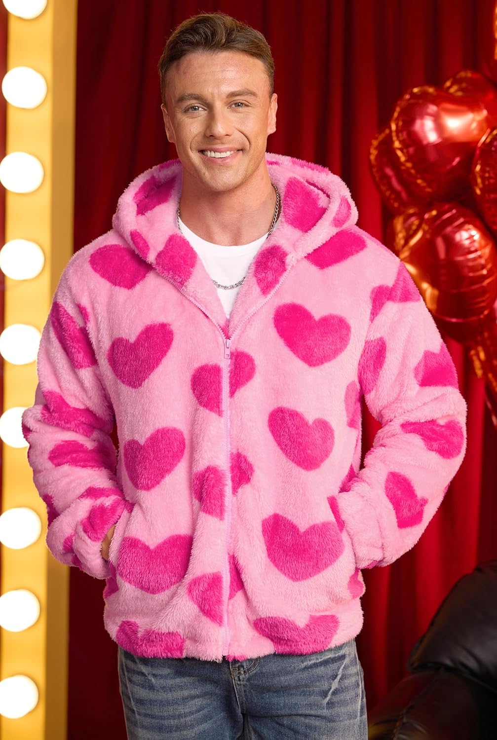 Arvilhill Men's Valentines Day Sherpa Hoodie Heart Print Fleece Lined Full Zip Jacket with Pocket (S-XXL) - Image 2