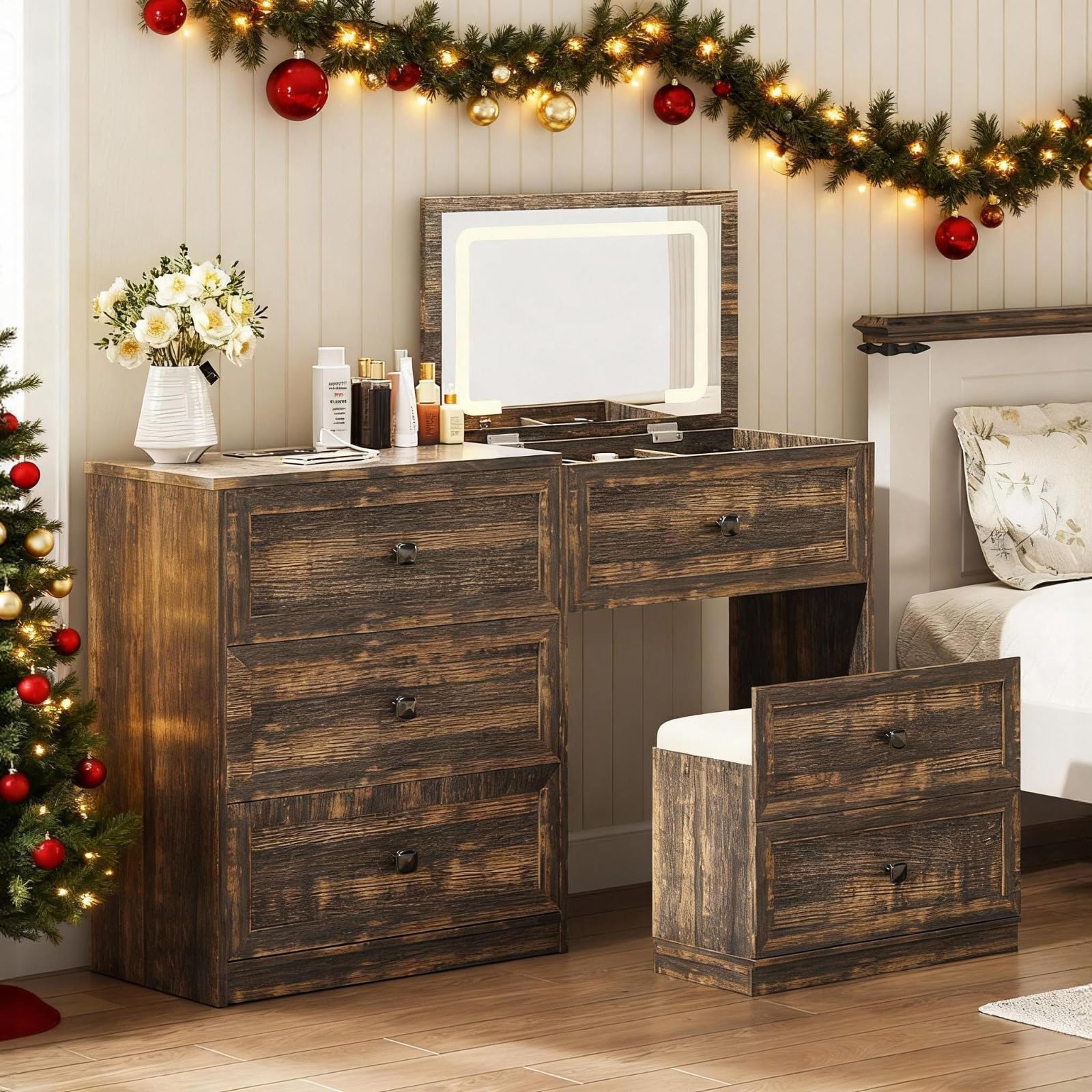 Lvifur 3 in 1 Vanity Desk with 3-Color Lights, Flip Top Mirror Makeup Vanity Set with Gun Drawer,Compact Vanity with Charging Station, 3 Drawers &