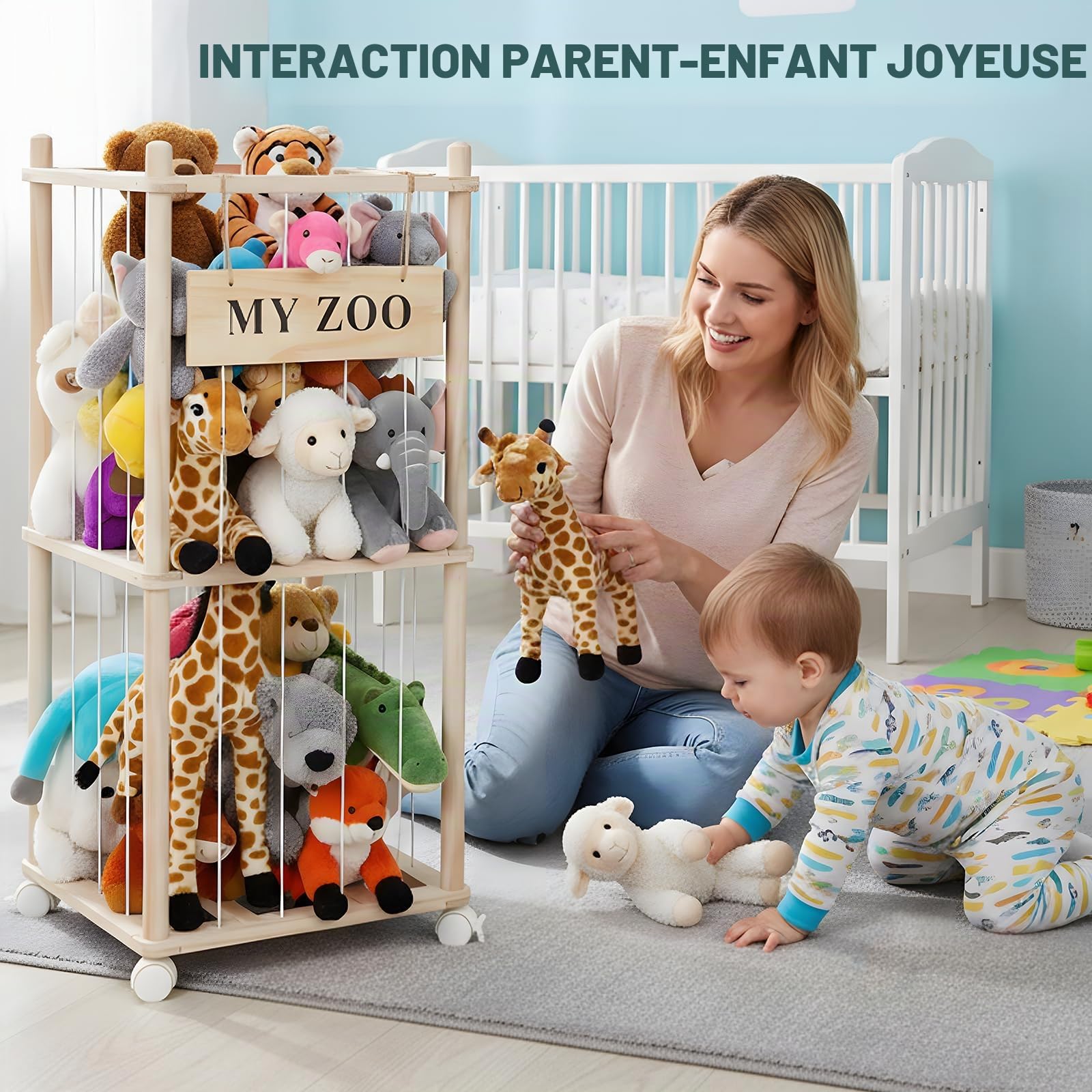 Rangement Peluche Enfant 2 Étages en Bois avec Roues 360° 138 x 41 cm Support Doudous Jouets Chambre Enfant