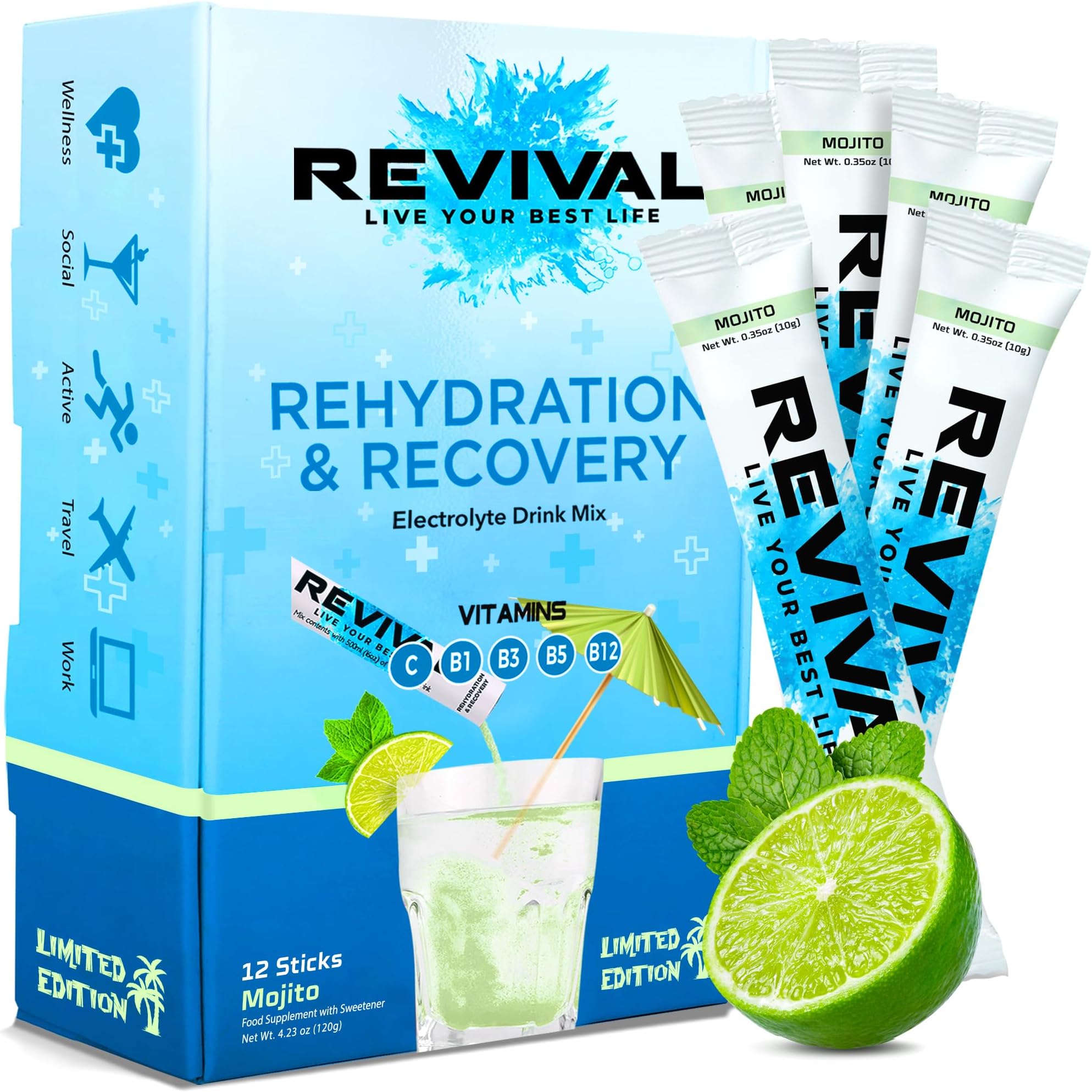 Revival Rapid Rehydration Sachets Electrolytes Powder High Strength Vitamin C, B1, B3, B5, B12 Supplement Sachet Energy Drink, Effervescent Electrolyte Hydration Tablets 12 Pack Mojito Flavours