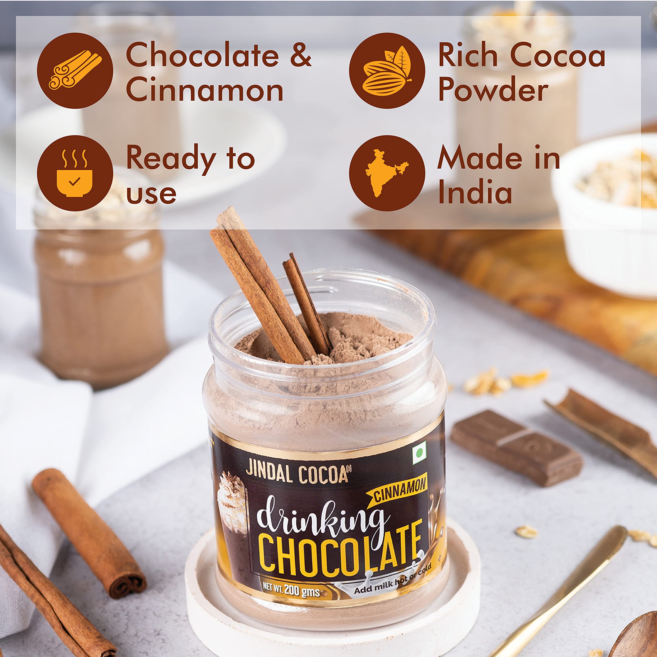 Jindal Cocoa Drinking Chocolate Cinnamon Powder - 200g | Goes well with Hot or Cold Chocolate Drink | No Artificial Colours | No Artificial Preservatives | No Trans-Fat | 100% Vegetarian (400g)-image-40