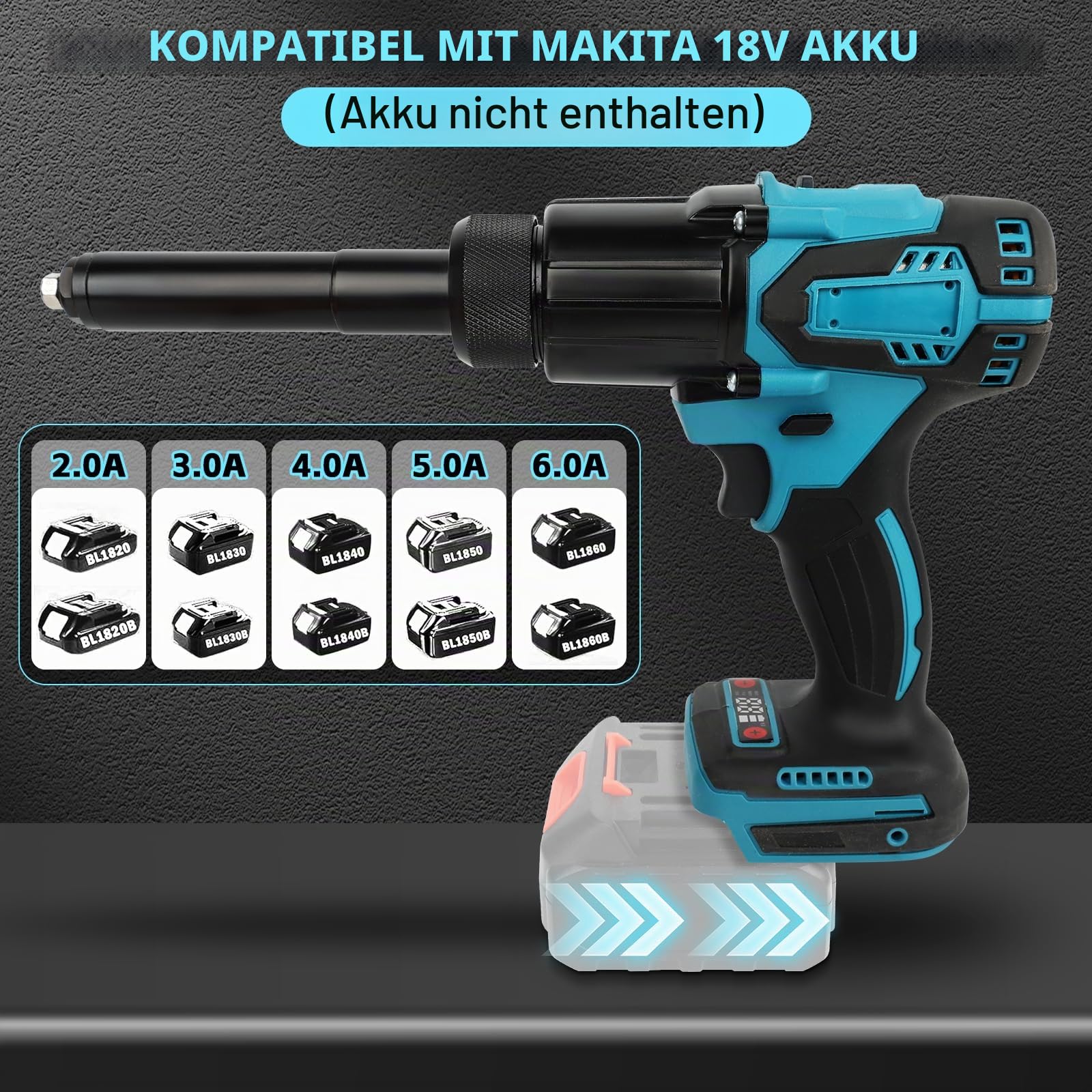 LIROPAU Akku Nietzange Kompatibel mit Makita 18V Akku | 2 in 1 Elektrische Nietmutterpistole mit Mundstücken M6/M8 und Handschuhe für 2,4-4,8 mm Nieten (ohne Akku, ohne Ladegerät)