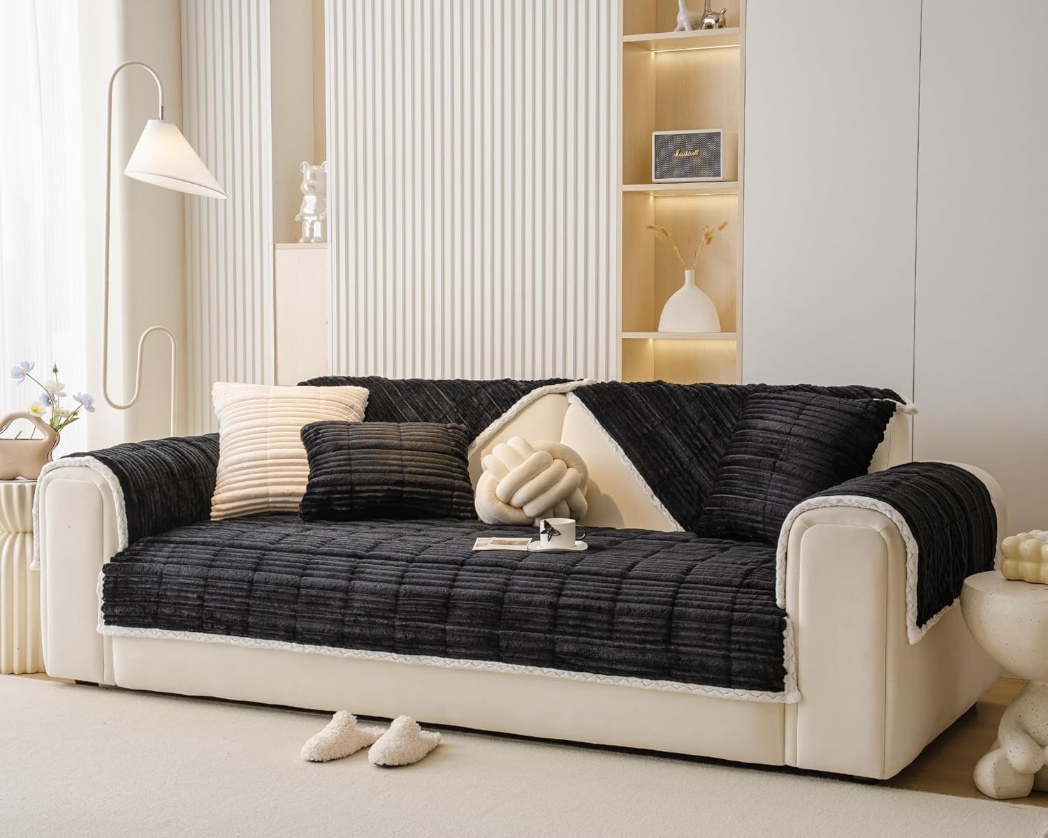Fluffy Jacquard Fleece Sofa Cover 3D Striped Quilted Sectional Couch Cover Super Soft Anti-Slip Sofa Slipcovers Thick Warm Decorative Furniture Protector for Dogs Cats Pet (Black,28"x47")