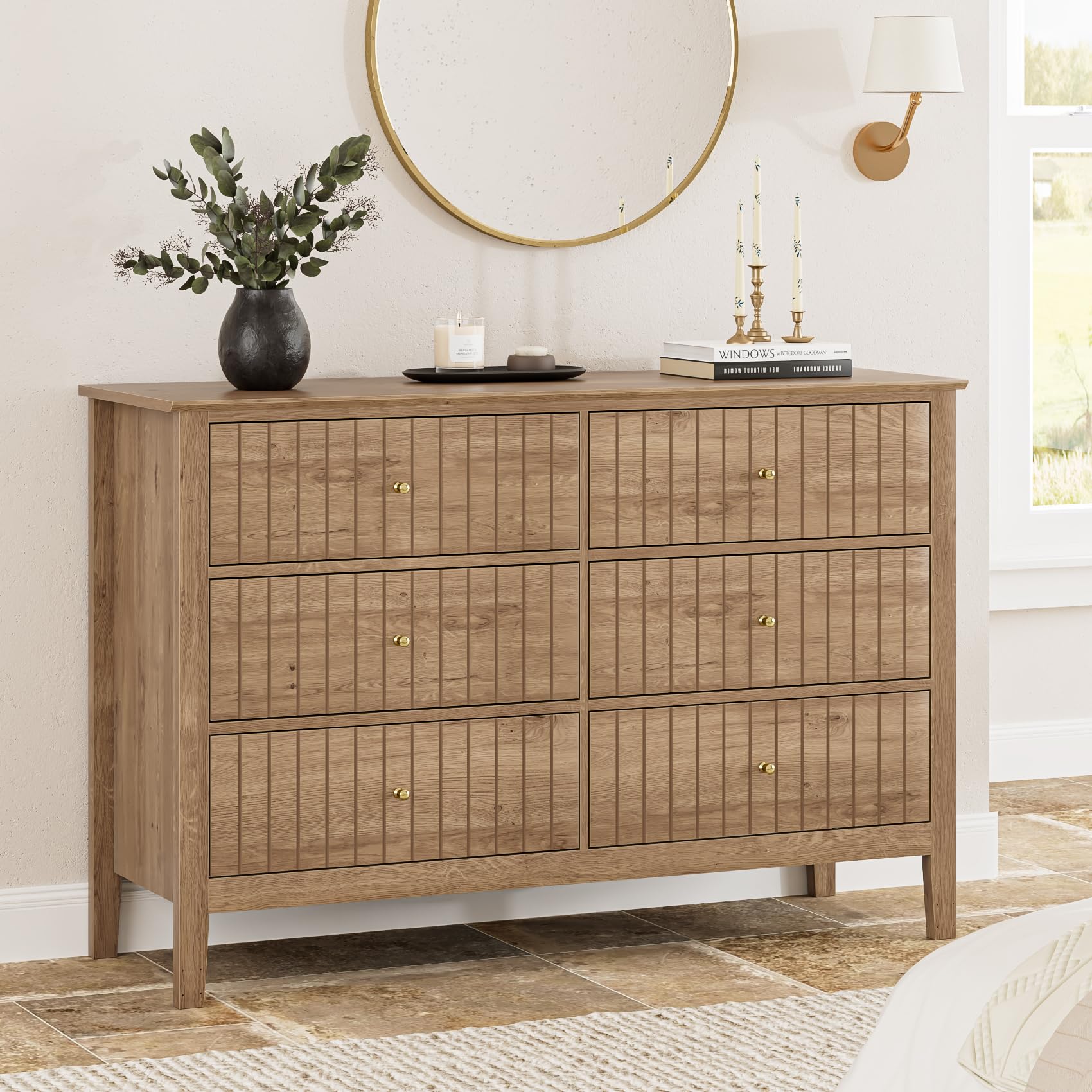 Apetaccat Large Chest of Drawers Bedroom, 6 Drawer Bedside Table, Bedside Cabinet with Metal Handles for Bedroom Livingroom,Hallway,Peachwood
