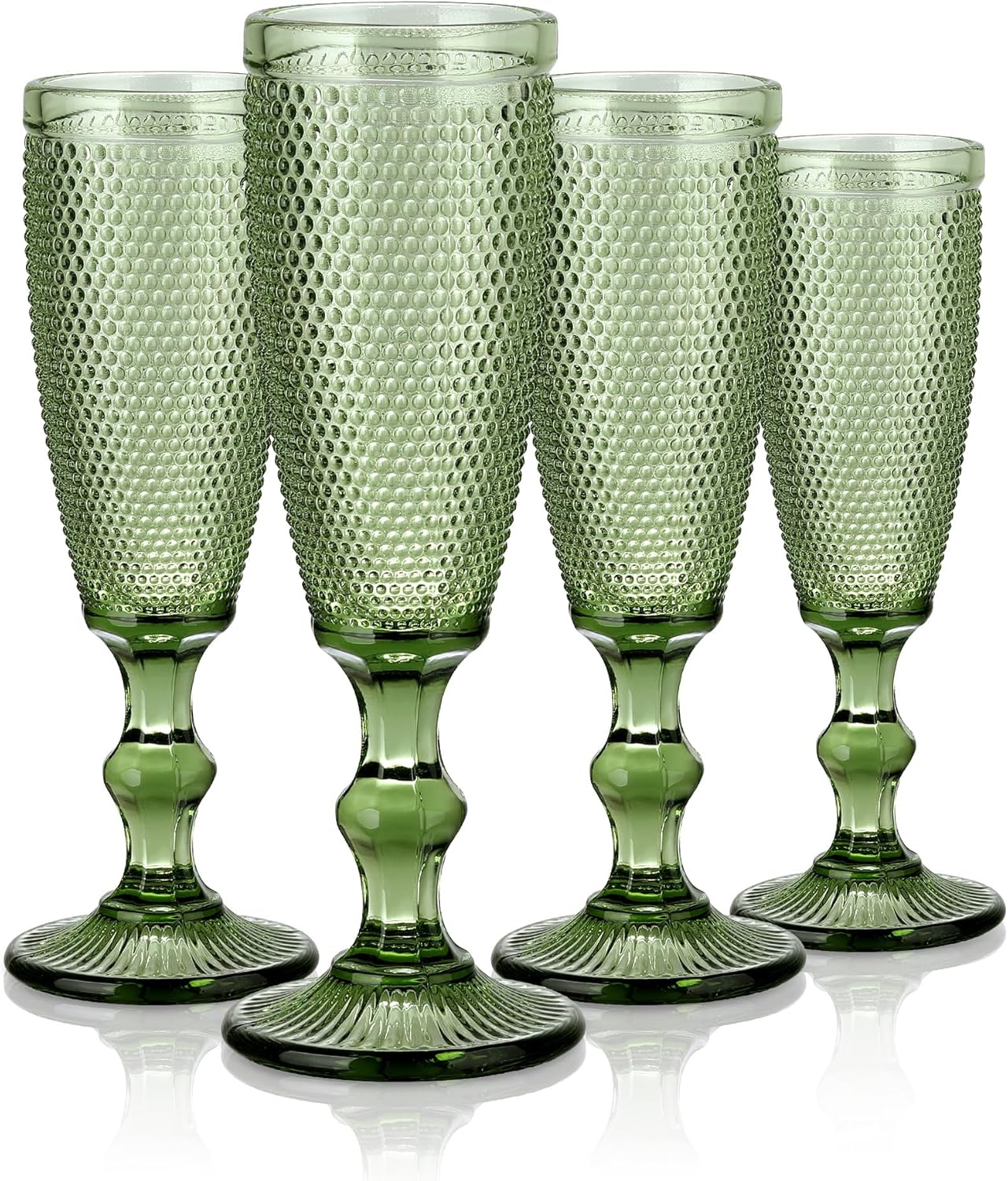 Joeyan Green Vintage Champagne Flutes Glasses Cups,Embossed Colored Toasting Goblet Glasses,Stemmed Hobnail Beaded Glassware for Wedding Anniversary Birthday Party,5 oz,Set of 4,Dishwasher Safe