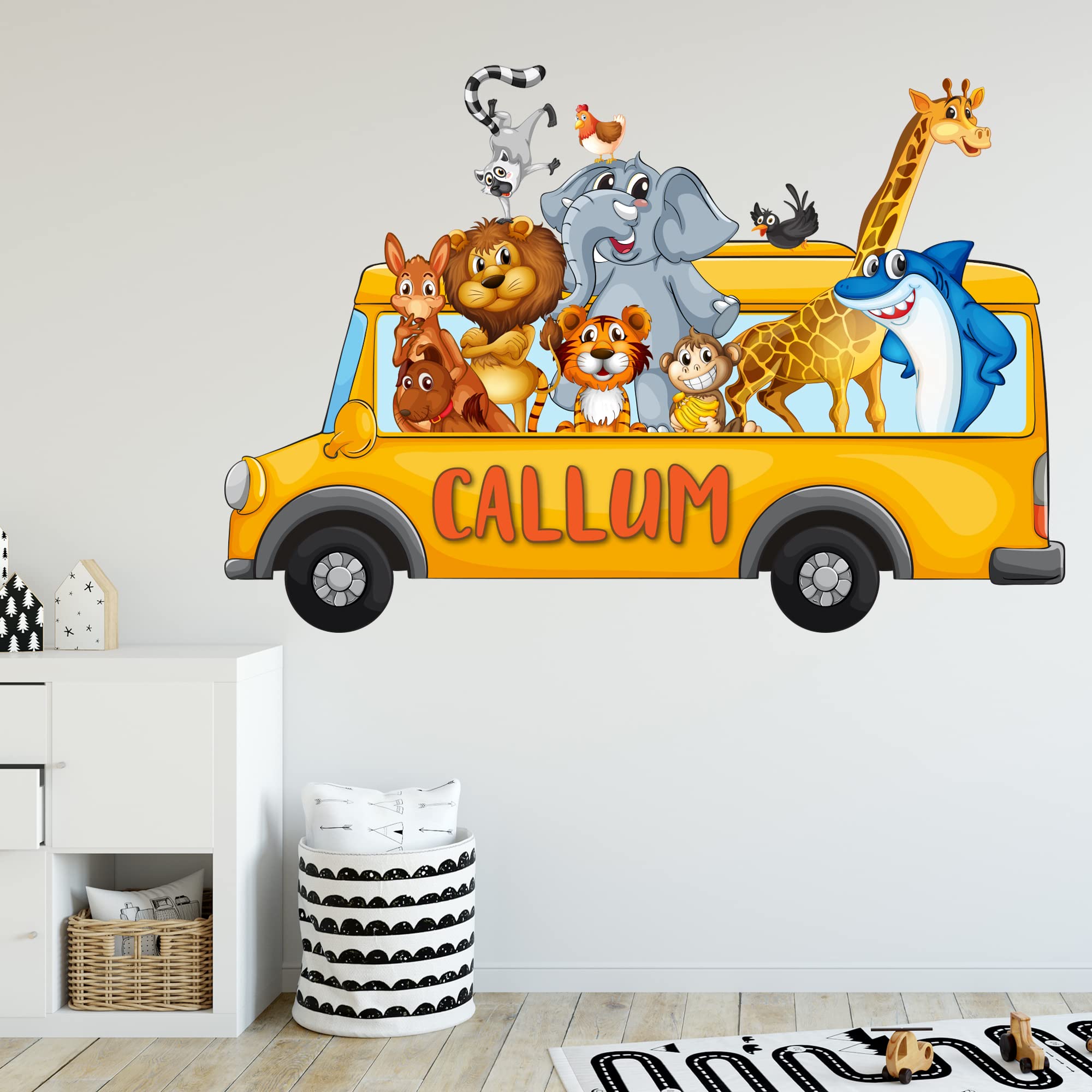 Themed Kids Wall Sticker - Personalised Name Animal Bus Wall Decal Art (60cm width x 40cm height)