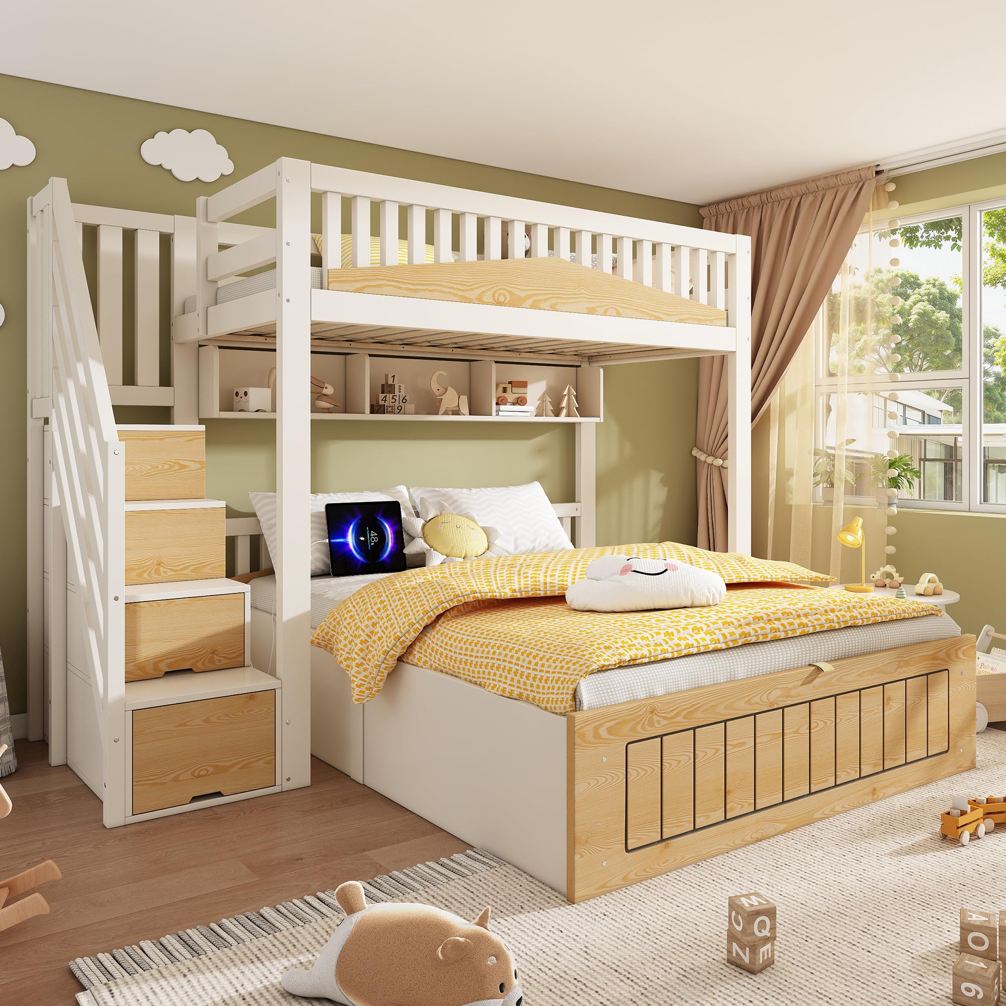 Merax Kinder Holz Etagenbett 90x200 & 140x200 cm mit Treppenschrank, hydraulischem Stauraum & USB-C Ladestation, Familienbett Hochbett mit Sicherheitsgeländer, Weiß Natur